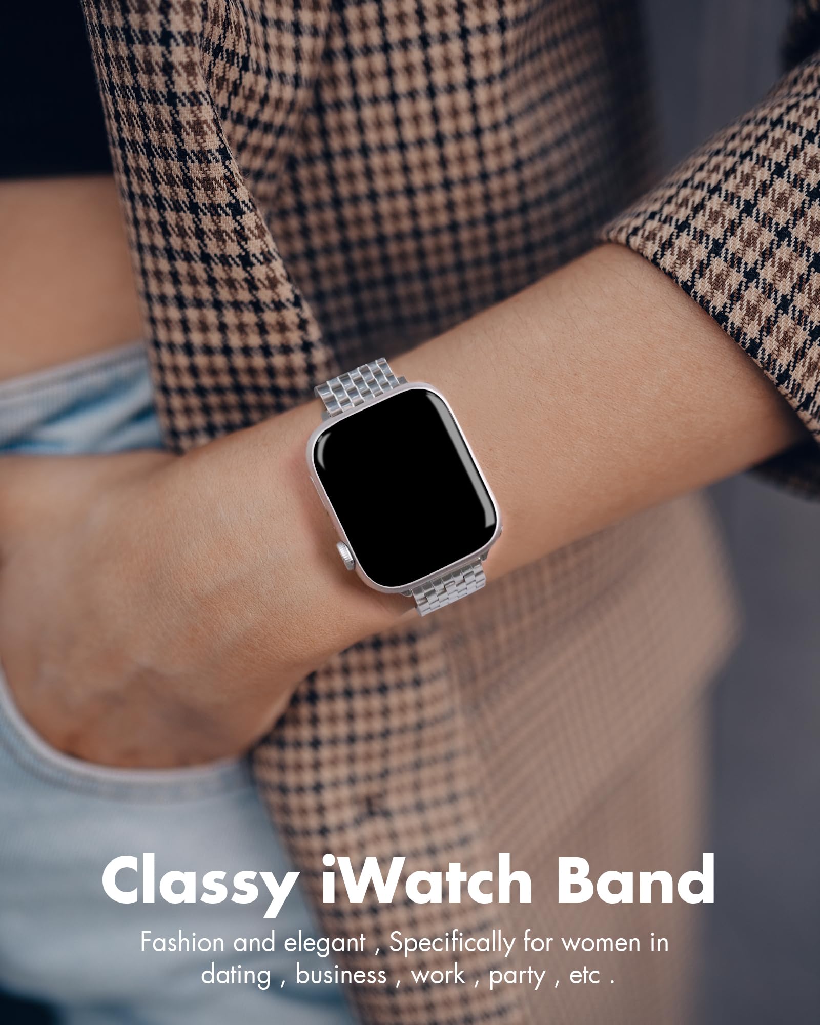 Premium Stainless Steel Apple Watch Band for 38mm 40mm 41mm 42mm 44mm 45mm - Compatible with Series 9/8/7/6/5/4/3/2/1 SE/SE2 - Shiny Metal Watch Strap for Women & Men - Perfect for Workouts, Office & Everyday Wear