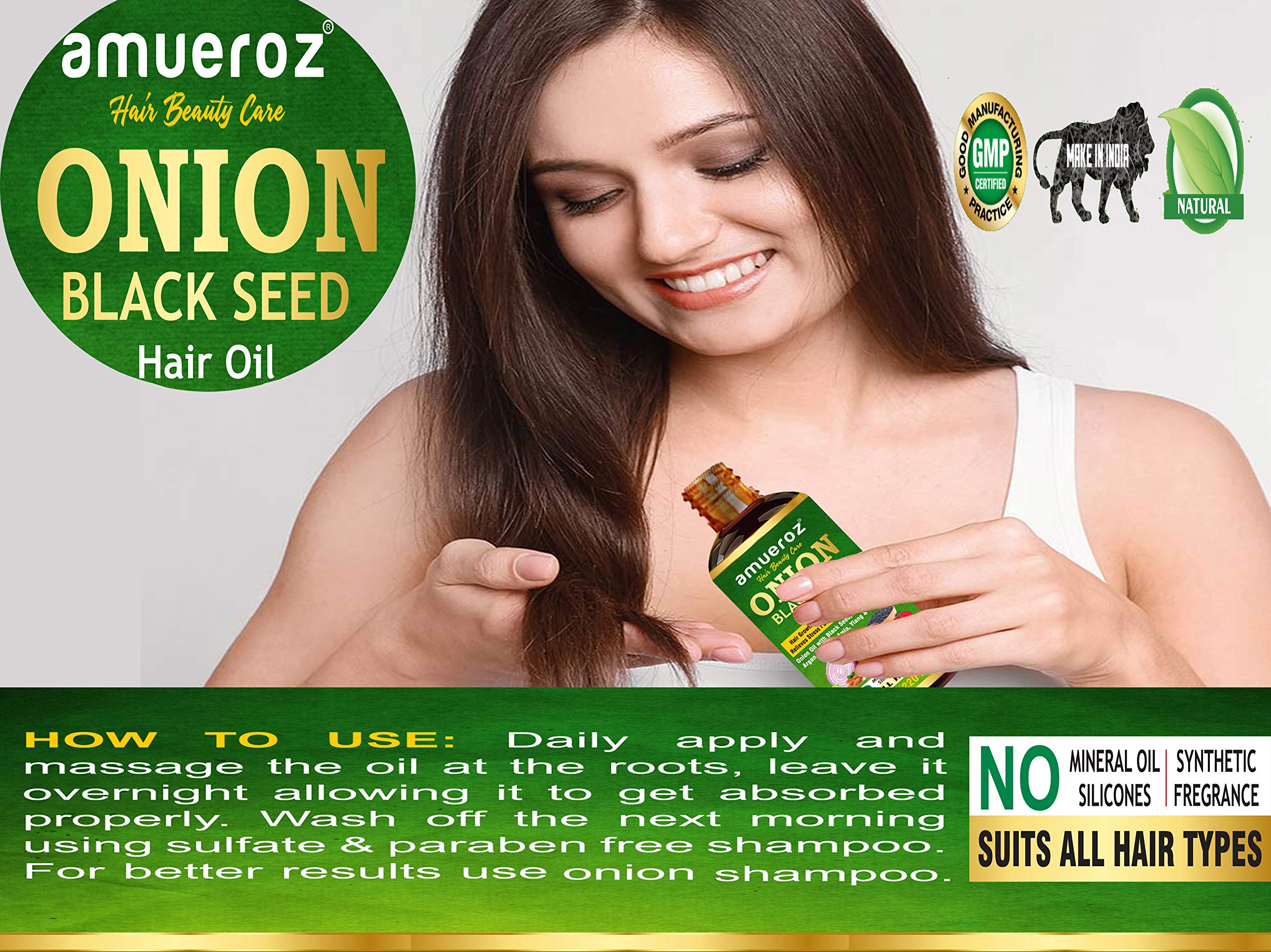 Amueroz Onion Black Seed Hair Oil for Hair Growth - 220ml | Anti Hair Loss, Anti Dandruff & Hair Fall Treatment | Promotes Strong & Healthy Hair for Men & Women | Relieves Stress - Perfect for Daily Scalp Massage & Nighttime Hair Care Routine