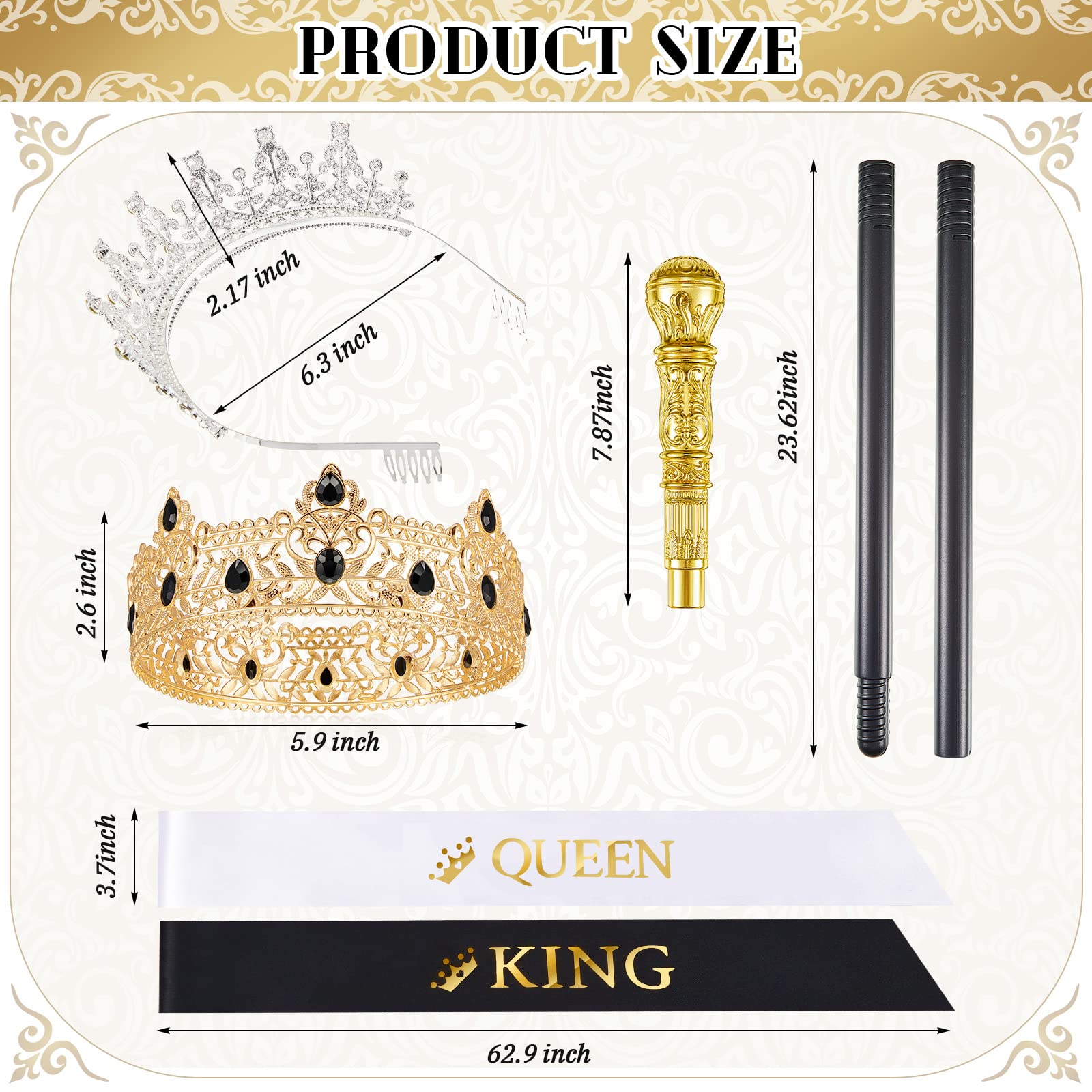 Zhanmai 6-Piece Prom King & Queen Crown Set with Walking Canes & Sashes - Perfect for Graduation, Birthday Parties, Halloween Costumes & Royal Theme Events
