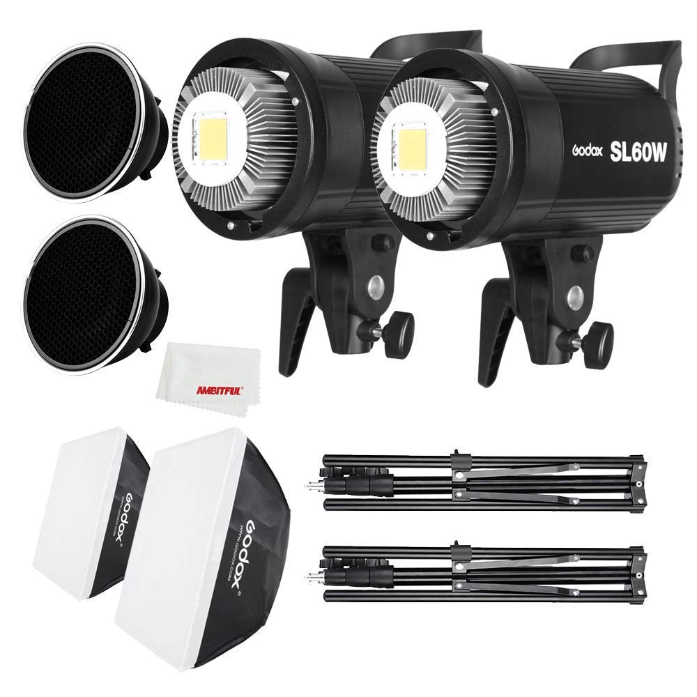 GODOX SL-60W 5600K LED Video Light Kit with Softbox, Light Stand & Honeycomb Grid - 60x60cm Studio Lighting for Photography, YouTube Videos, Live Streaming (2-Pack)