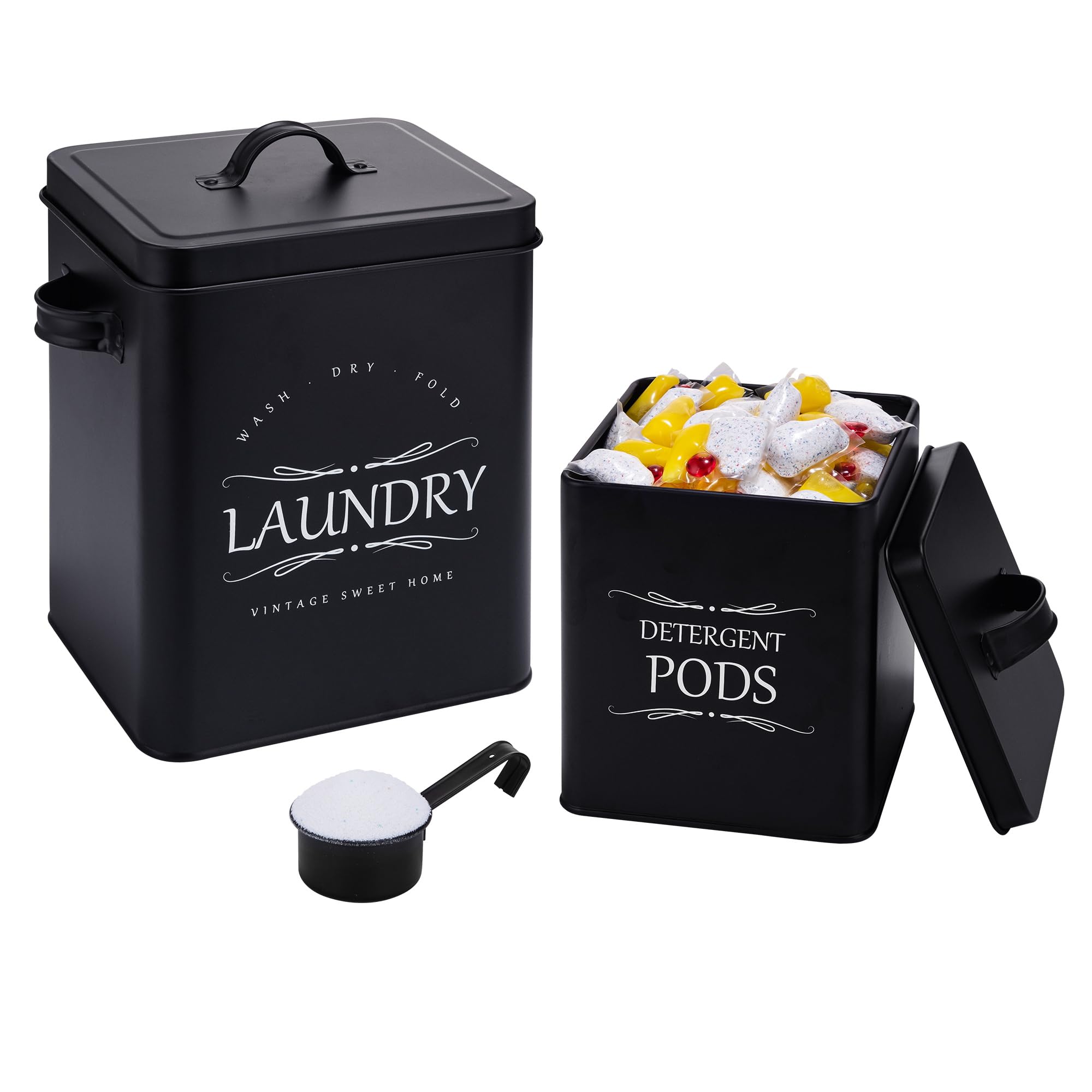Meraki Home Laundry Detergent Container Set - 2-Pack with Scoop for Detergent Sheets & Pods - Laundry Room Storage Organizer in Matte Black | Perfect for Organized Laundry Rooms & Small Spaces