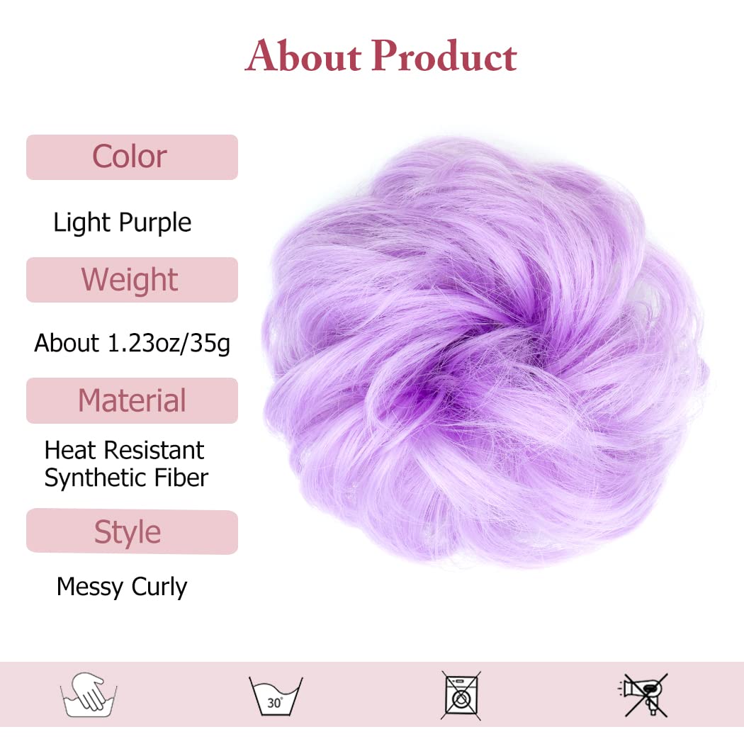 1 PCS Messy Bun Hair Piece - Curly Wavy Synthetic Hair Bun Scrunchies Ponytail Extensions for Women & Girls (Light Purple) - Perfect for Parties, Weddings & Everyday Hairstyles