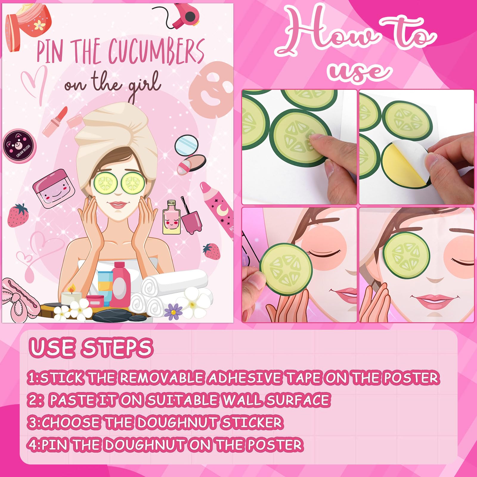 SPA Party Games Kit - Pin The Cucumbers on The Girl Game with Stickers, Poster & Blindfold - 20x27 Inch Spa Party Decorations for Kids, Girls & Women - Perfect for Makeup Parties, Birthday Parties & Girls Night Out Fun