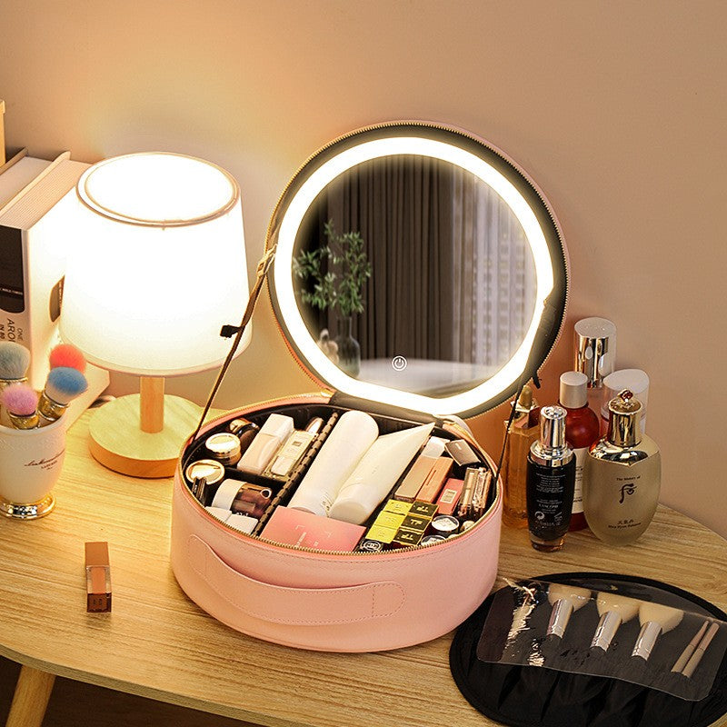 Round Smart LED Makeup Bag with Mirror Lights - Large Capacity PU Leather Cosmetic Case for Women | Travel Organizer & Beauty Storage | Perfect for Travel, Home Vanity & On-the-Go Touchups