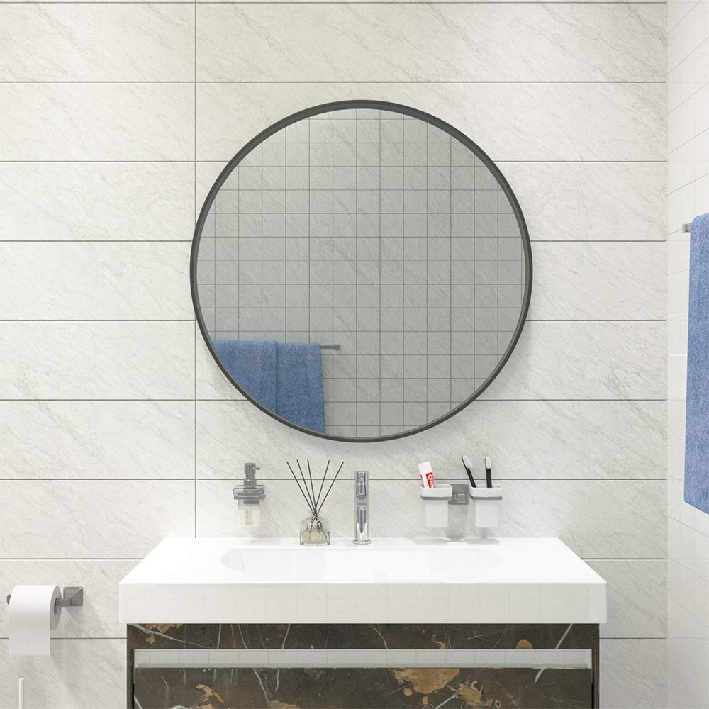 26-Inch Round Wall Mirror with Premium Brushed Metal Frame - Black Bathroom Vanity Mirror for Entryway, Living Room & Bedroom Decor - Perfect for Makeup, Home Decor & Small Spaces