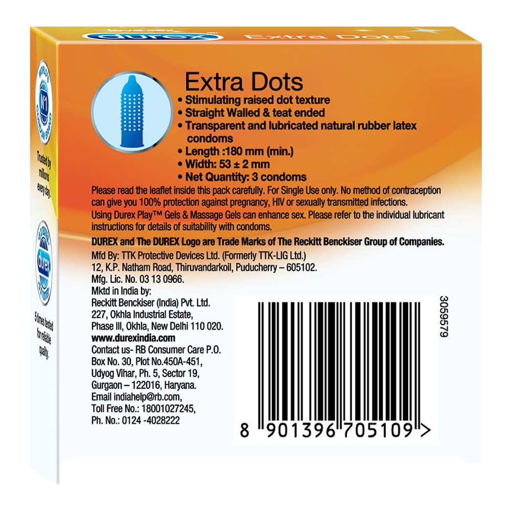 Durex Extra Dotted Condoms for Men - 3 Count | Ribbed & Textured for Enhanced Pleasure | Latex Safe with Lubes & Sex Toys | Perfect for Couples & Sensual Play