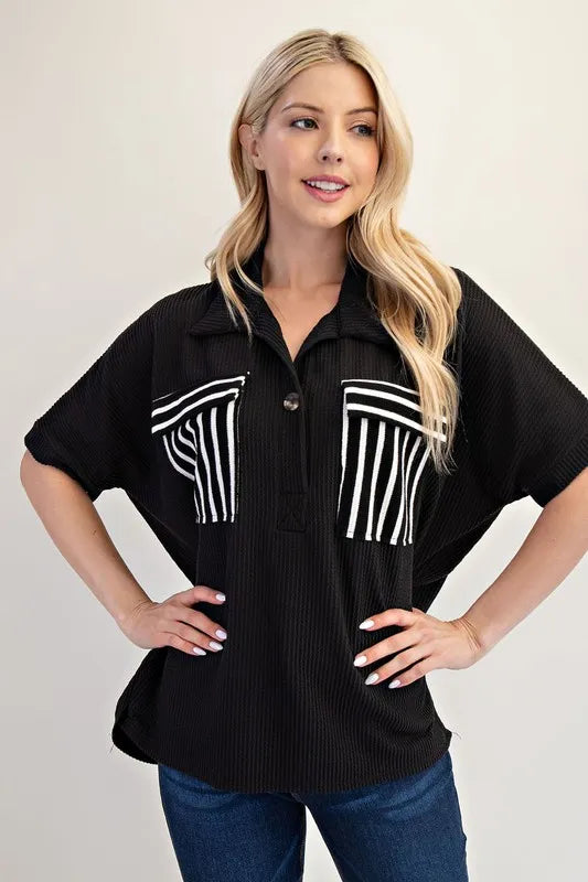 Celeste Plus Size Full-Length Rib Knit Collared Top with Striped Pockets - Black & White Stripes | Casual Office Wear & Weekend Outfits