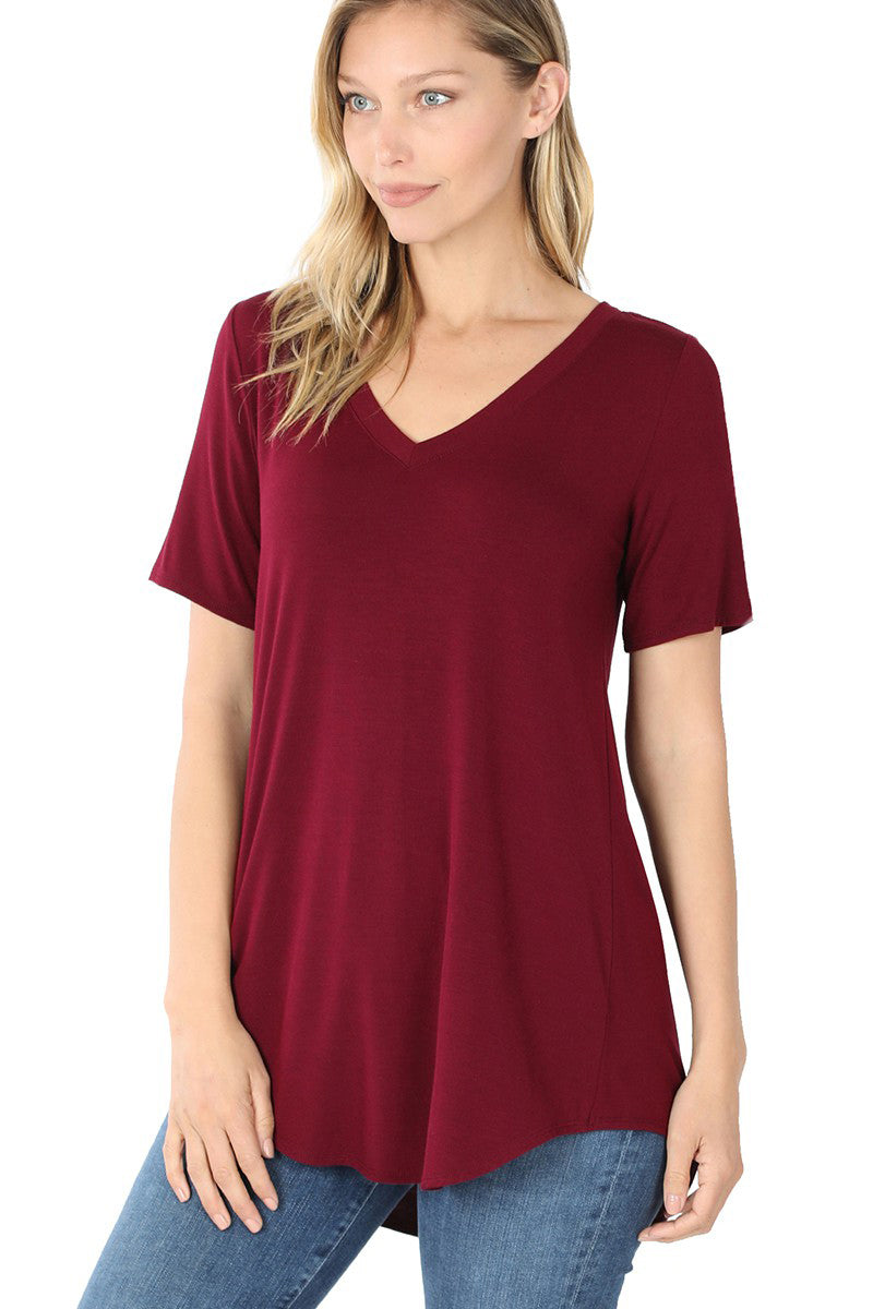 Women's Short Sleeve V-Neck Hi-Low Hem T-Shirt - Casual Summer Top for Daily Wear & Outings