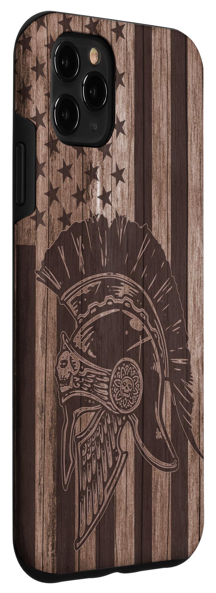 iPhone 11 Pro Max Case - Premium Wooden Spartan Helmet Design with American Flag - Ancient Greek Warrior Style - Perfect for Daily Use, Travel & Gift Giving