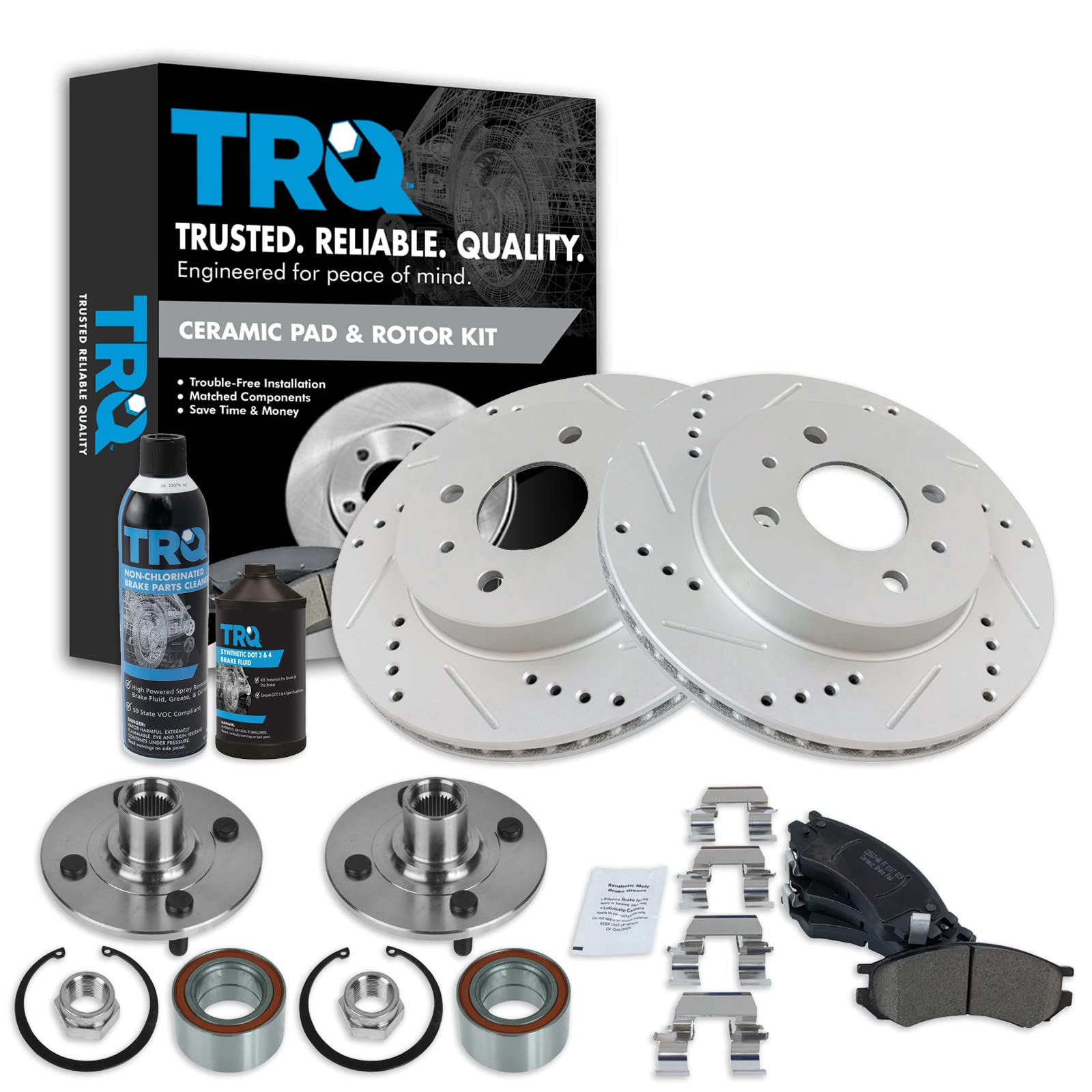 TRQ Front Wheel Bearing Kit with Ceramic Brake Pads & Performance Rotors - Complete Replacement Set with Lubricants for Smooth Driving & Enhanced Braking Performance | Perfect for Daily Commutes, Highway Driving & Performance Upgrades
