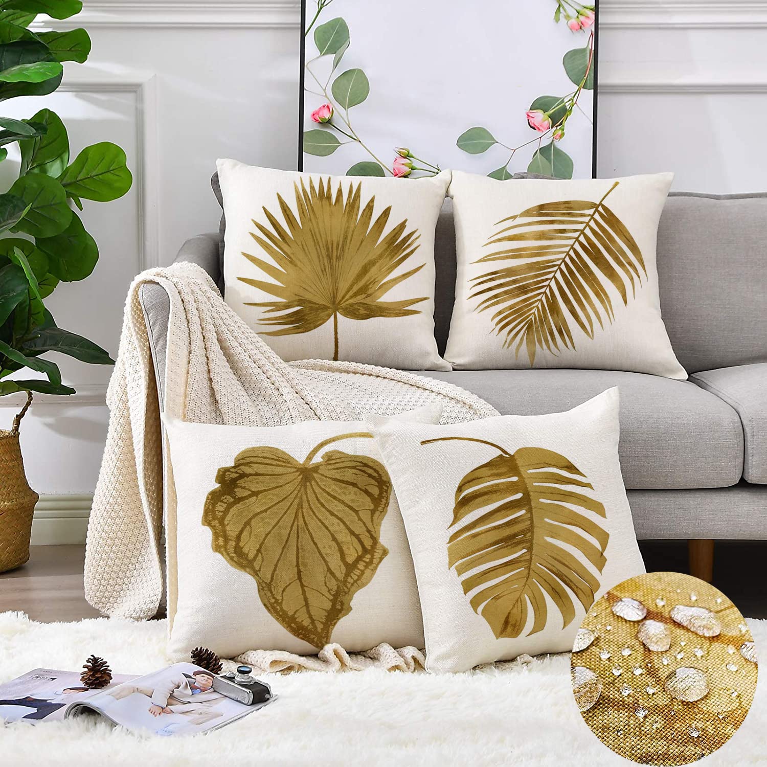 Waterproof Outdoor Throw Pillow Covers 18x18 Inch Set of 4 - Tropical Gold Palm Leaf Design, Cotton Linen Cushion Cases for Patio, Garden, and Living Room Decor