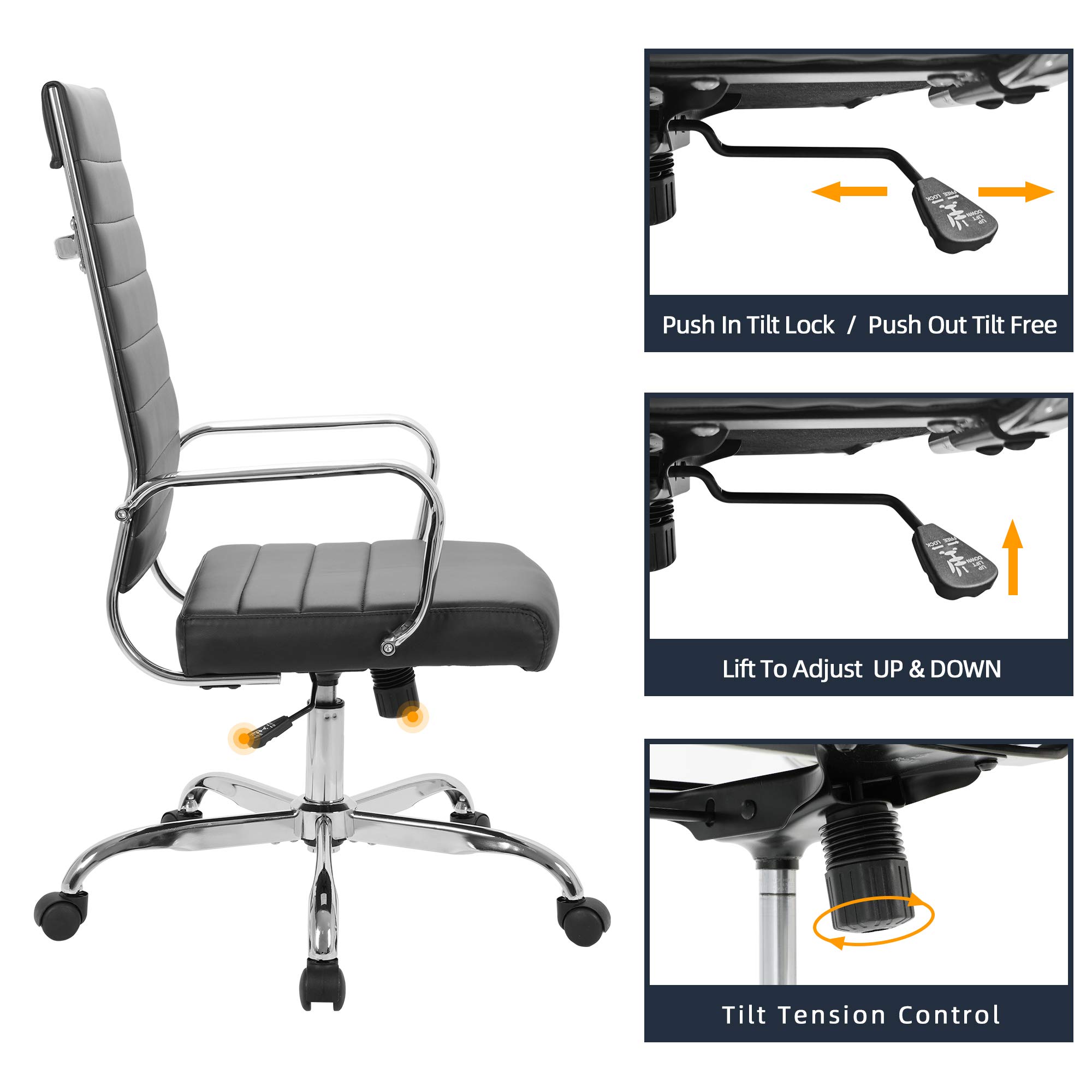 Premium LANDSUN High Back Executive Office Chair - Ergonomic Ribbed Leather Swivel Desk Chair with Adjustable Height, Wheels & Armrests - Ideal for Home Office, Conference Rooms & Task Workstations (Black)