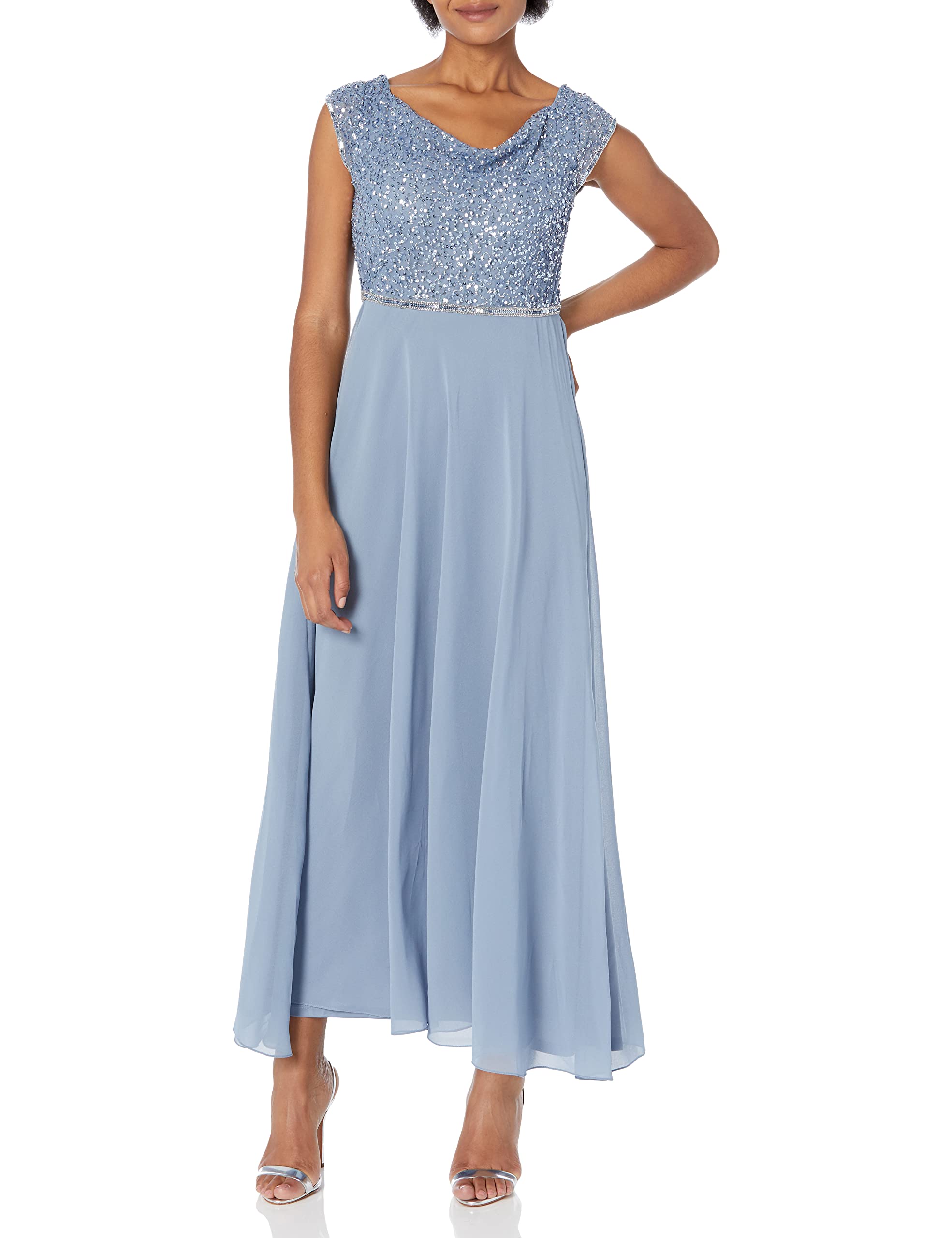 J Kara Women's Plus Size Beaded Empire Waist Cowl Neck Dress - Elegant Evening Gown for Weddings, Parties & Special Occasions
