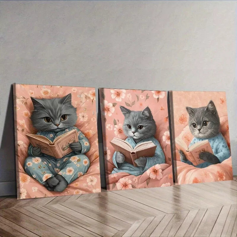 3-Piece Cat Reading Wall Art Set - Framed Canvas 50x70cm (20x28in) | High Quality Print | 100% Australian Made | Ready to Hang | Perfect for Living Room, Bedroom & Office Decor