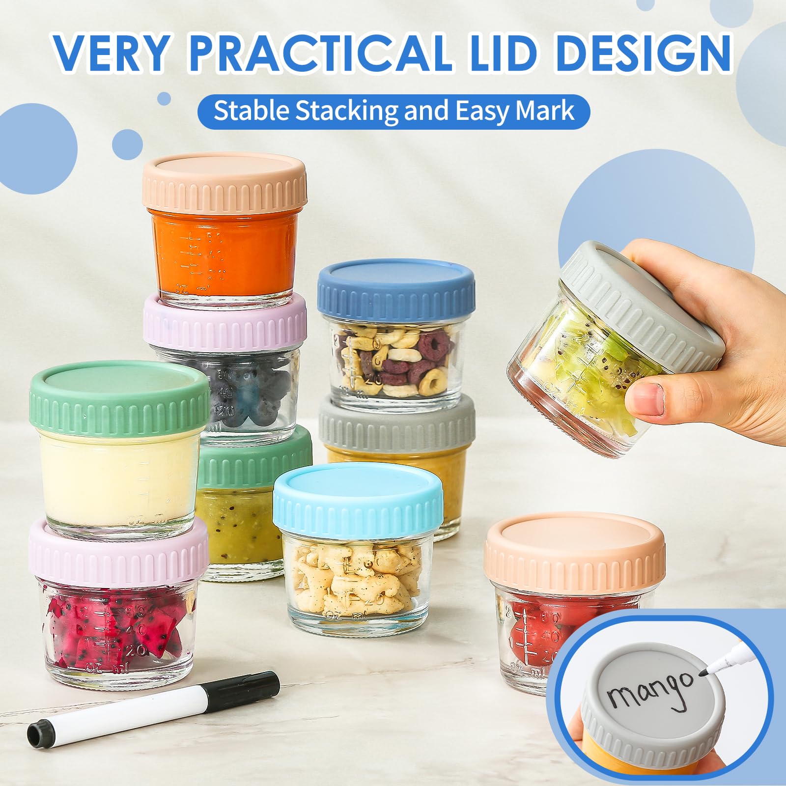 DRKIO 6 Pack 4oz Glass Baby Food Storage Containers with Lids - BPA Free, Microwave, Dishwasher & Freezer Safe, 100% Leak Proof - Perfect for Homemade Baby Puree, Meal Prep & On-the-Go Feeding