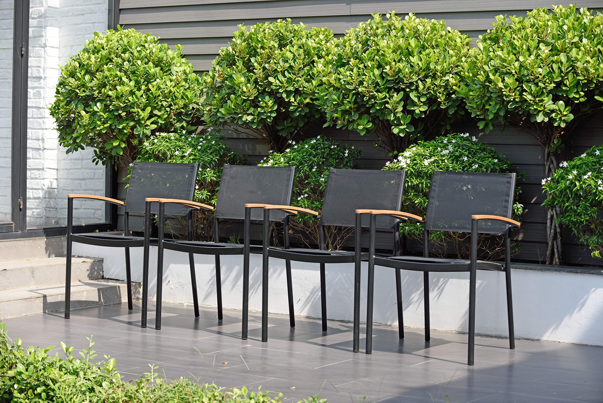 Amazonia Juliette Patio Stacking Black Quick Dry Sling Chairs - Durable Indoor/Outdoor Furniture Set of 4 - Perfect for Poolside, Backyard, Deck, and Garden Relaxation