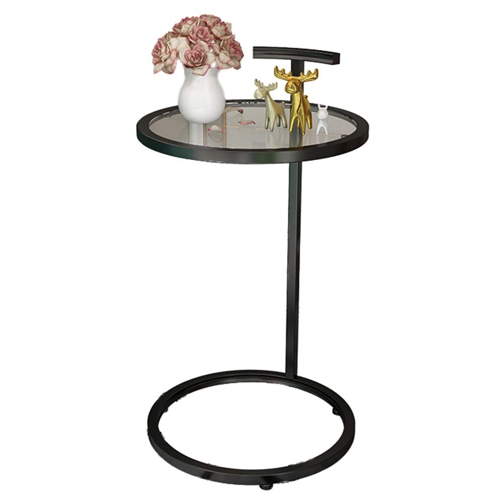 Modern Round Side Table with Tempered Glass Top - Bedroom & Living Room Accent Table - Black Steel Frame