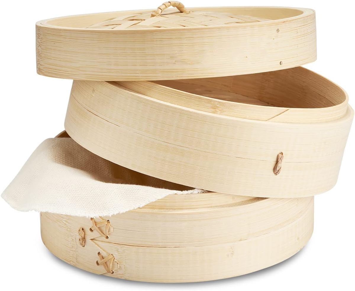 Premium Bamboo Steamer Basket - Handmade 2-Tier Traditional Design for Dumplings, Dim Sum, Vegetables & Meat | Includes 2 Cotton Liners (6-Inch) | Perfect for Asian Cooking, Meal Prep & Healthy Steaming at Home
