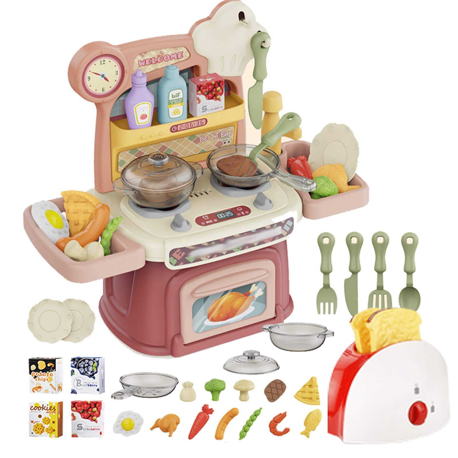 Aocay Pink Kids Kitchen Playset with Realistic Lights & Sounds - Pretend Play Kitchen Toy Set with Play Food, Sink & Accessories for Toddlers & Preschoolers - Perfect for Role Play, Birthday Gifts & Early Learning (Bread Machine Style)