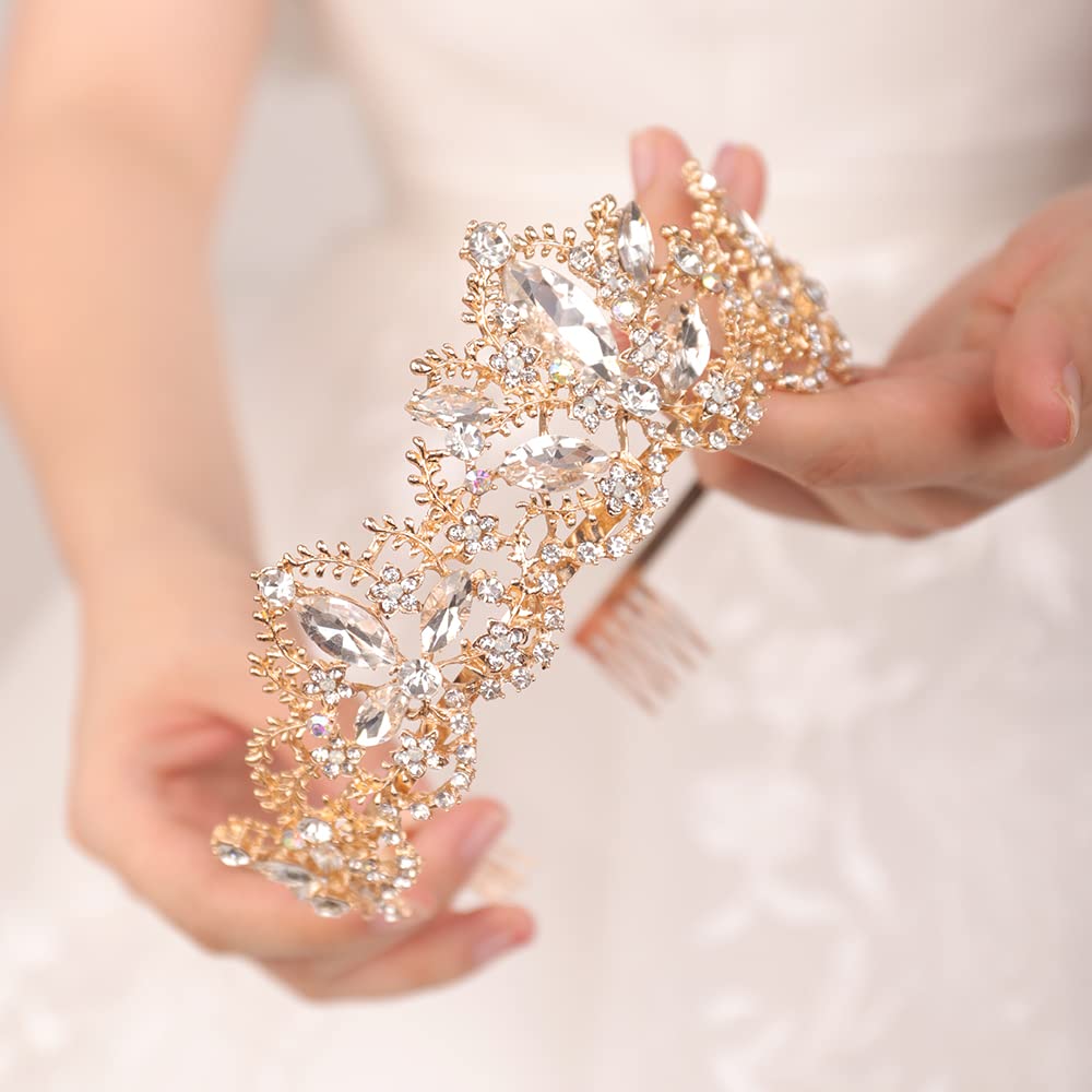 Wekicici Gold Crystal Tiara Crown for Women & Girls - Rhinestone Bridal Headband with Combs for Weddings, Prom, Birthday Parties & Costume Events | Elegant Princess Hair Accessory