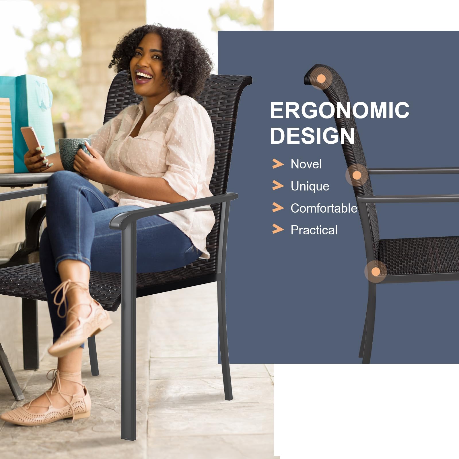 VICLLAX 2-Piece High Back Outdoor Rattan Dining Chairs Set with Armrests - Tightly Woven Wicker Patio Chairs in Grey Frame - Perfect for Backyard, Garden, and Poolside Dining