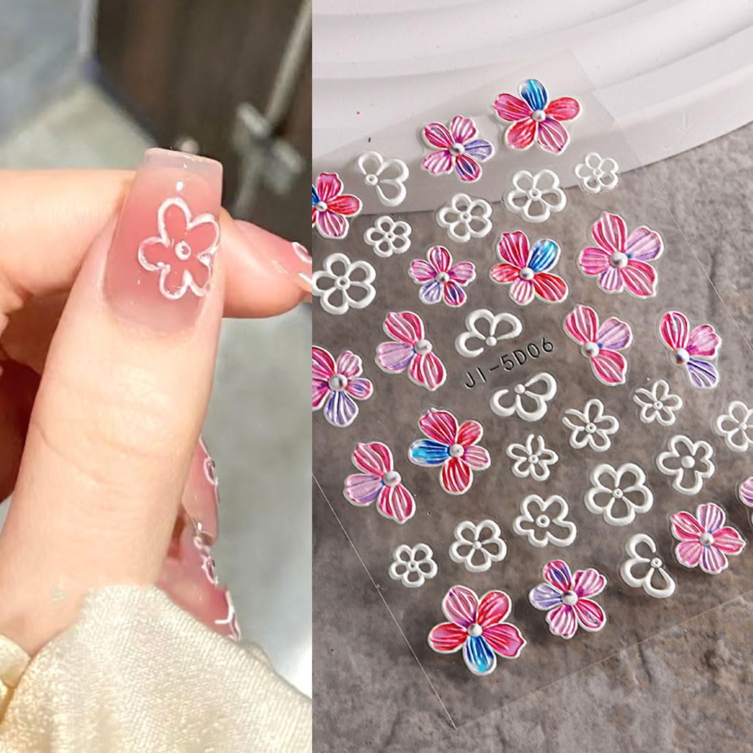 BZKSER Nail Art Stickers - 4 Sheets 3D Flower Nail Decals, Self-Adhesive 5D Nail Design Stickers for Manicure | Perfect for DIY Nail Art, Salon Use, and Special Occasions