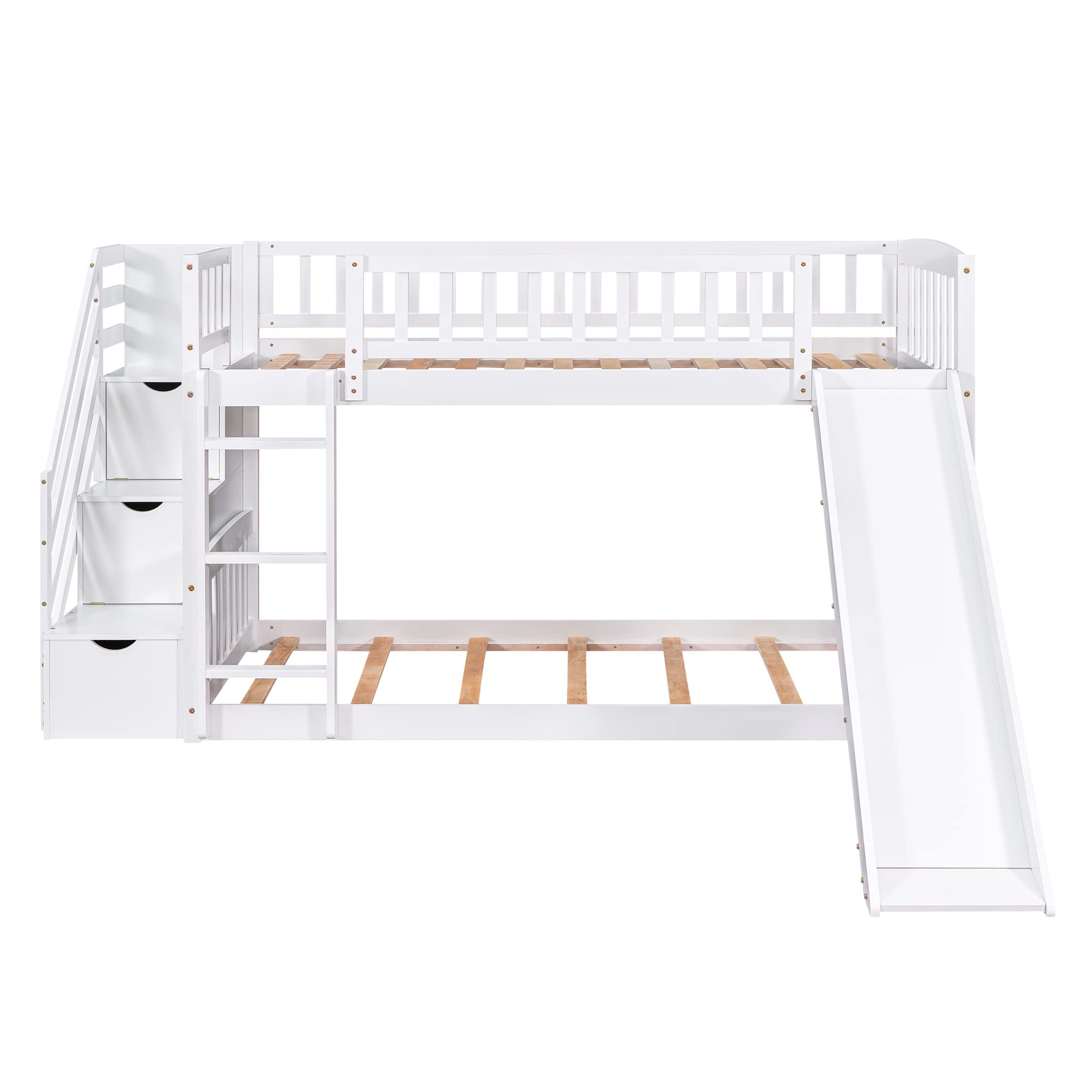 Harper & Bright Designs Twin Over Twin Bunk Bed with Slide, Guardrail & Stairway - Space Saving Kids Bedroom Furniture with 2 Drawers & Handrail - Perfect for Small Rooms, Dorms & Shared Kids' Spaces (White)