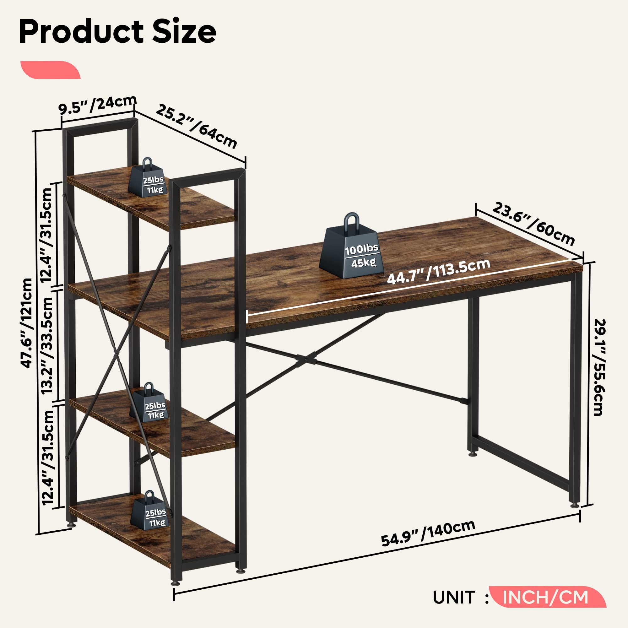 Bestier 55 Inch Computer Desk with Storage Shelves - Reversible Bookshelf Home Office Desk, Spacious Leg Room & Easy Assembly, Rustic Brown - Perfect for Small Spaces & Remote Work Setup