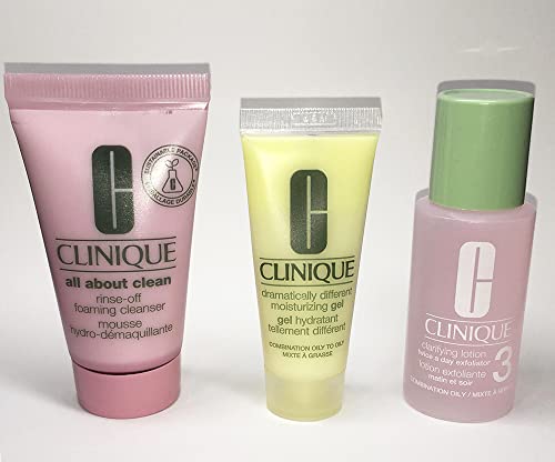 Clinique 3-Piece Skin Care Set for Combination & Oily Skin - Travel Size Mini Kit with Cleanser, Toner & Moisturizer | Perfect for On-The-Go Skincare Routine