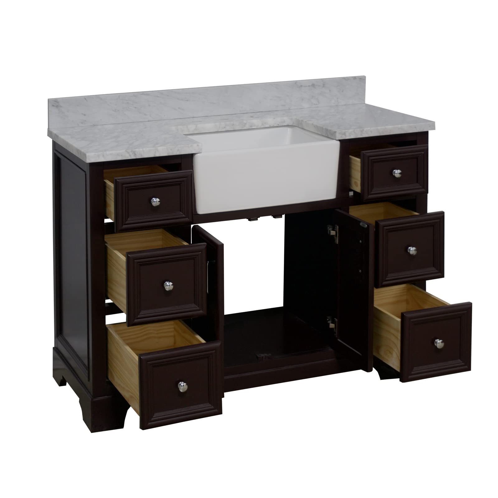 48-inch Farmhouse Vanity with Carrara Marble Top & Apron Sink - Rustic Bathroom Vanity Set with Chocolate Wood Cabinet & White Ceramic Sink for Modern Farmhouse, Cottage, or Vintage Style Bathrooms