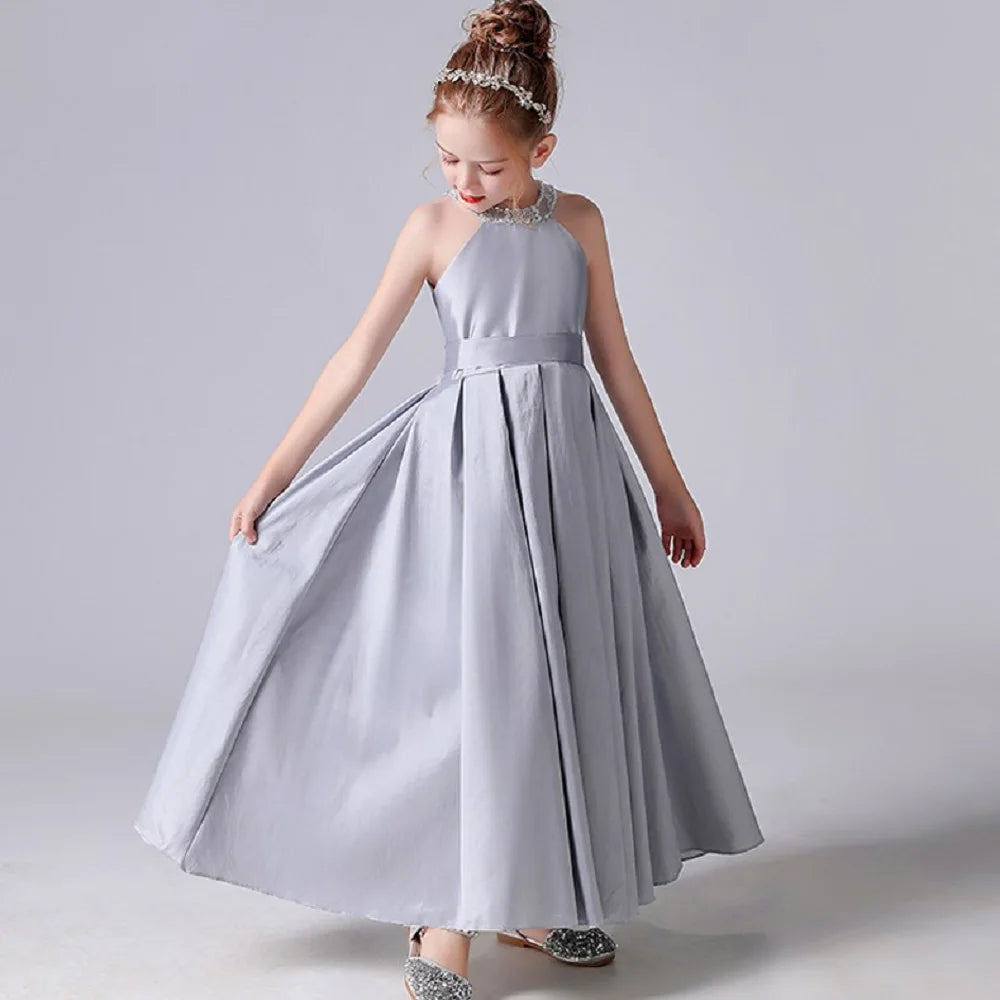 Silver Satin Halter Flower Girl Dress - Long Princess Pageant Gown for Weddings, Baptisms & Special Occasions