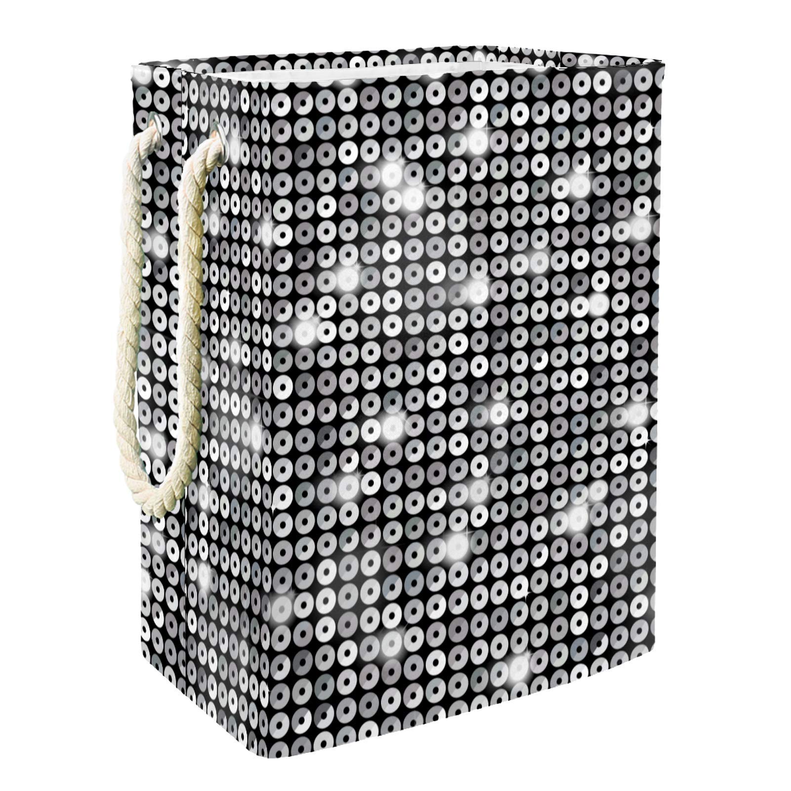 Silver Sequin Glitter Foldable Laundry Hamper Storage Basket - 19.3x11.8x15.9 Inch Organizer for Nursery, Playroom, Closet & Home Organization | Perfect for Kids' Rooms, Dorm Storage & Toy Collection