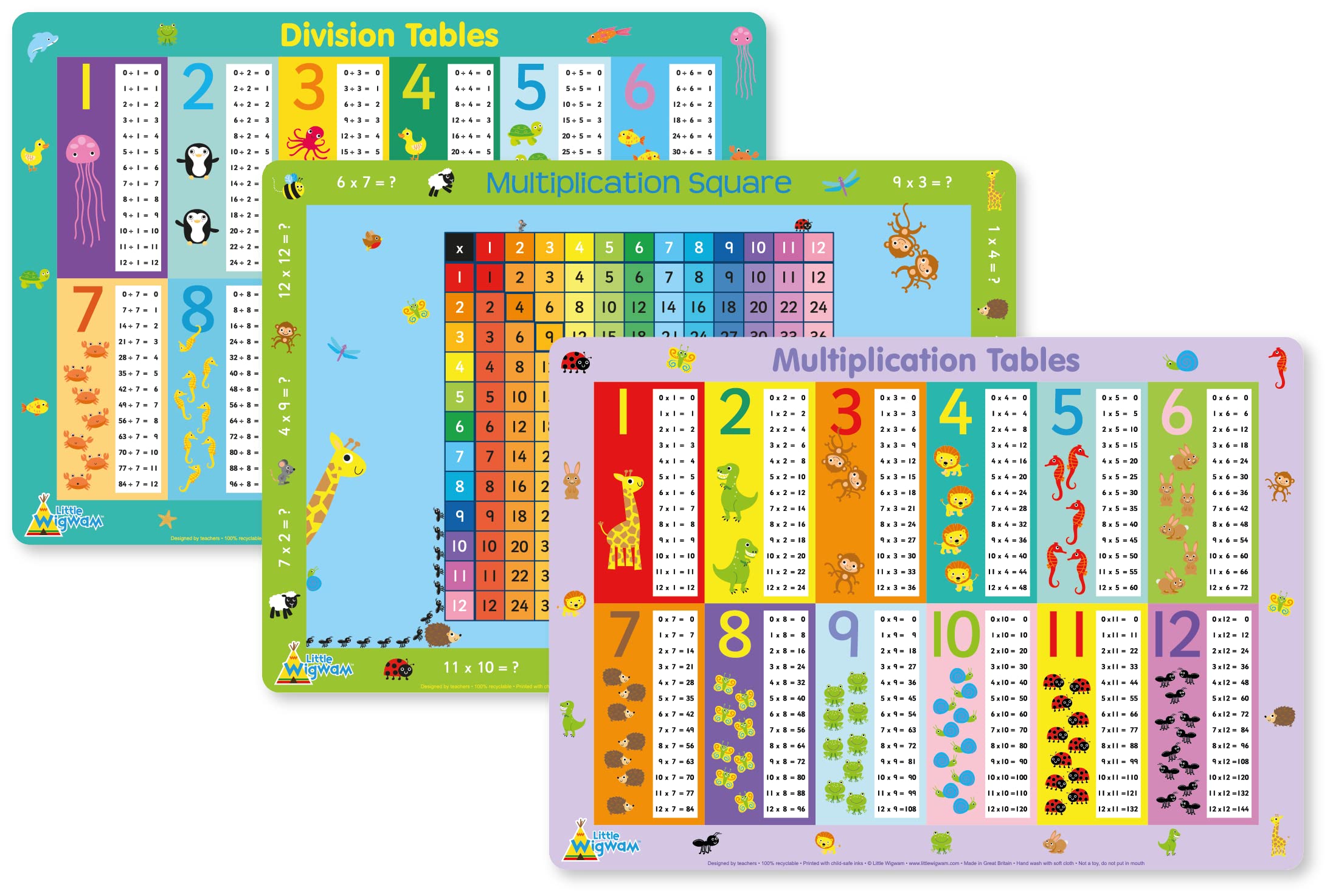 Little Wigwam Numeracy 2 Placemat Pack - Set of 3 Educational Math Mats for Kids - Multiplication & Division Tables, Times Square Chart - Perfect for Homeschooling, Classroom Learning & Dining Table Practice