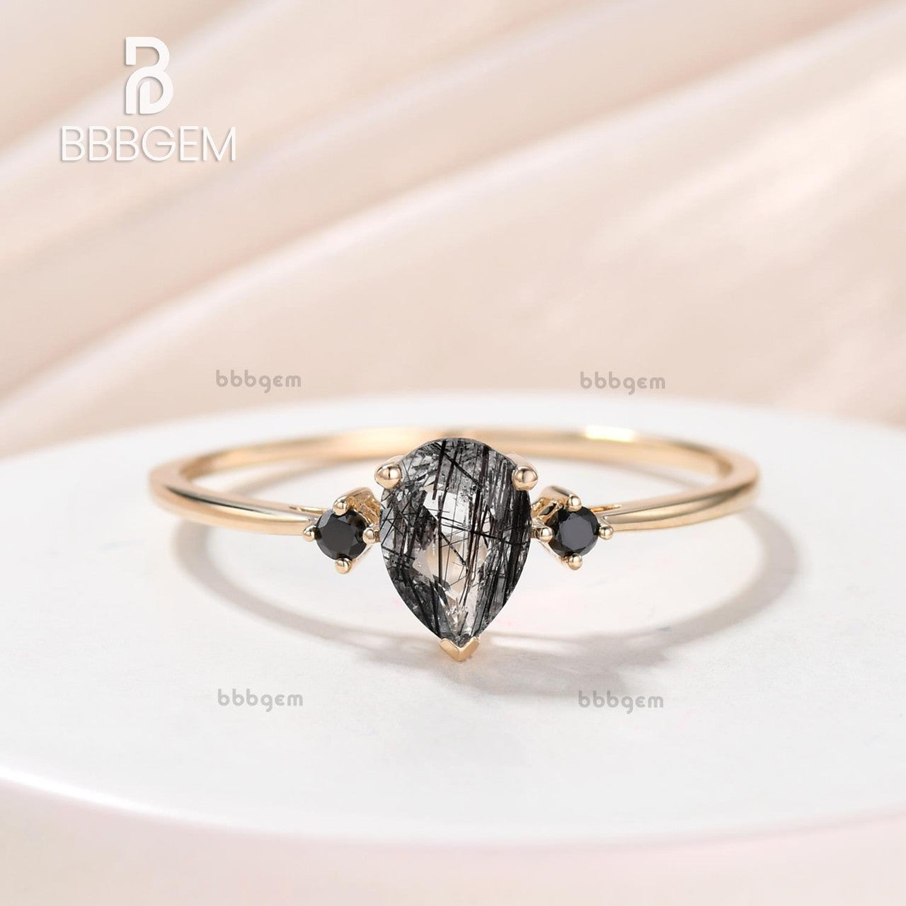 14K/18K Gold Three Stone Black Rutilated Quartz and Black Diamond Engagement Ring for Women - Perfect for Proposals, Anniversaries & Special Occasions