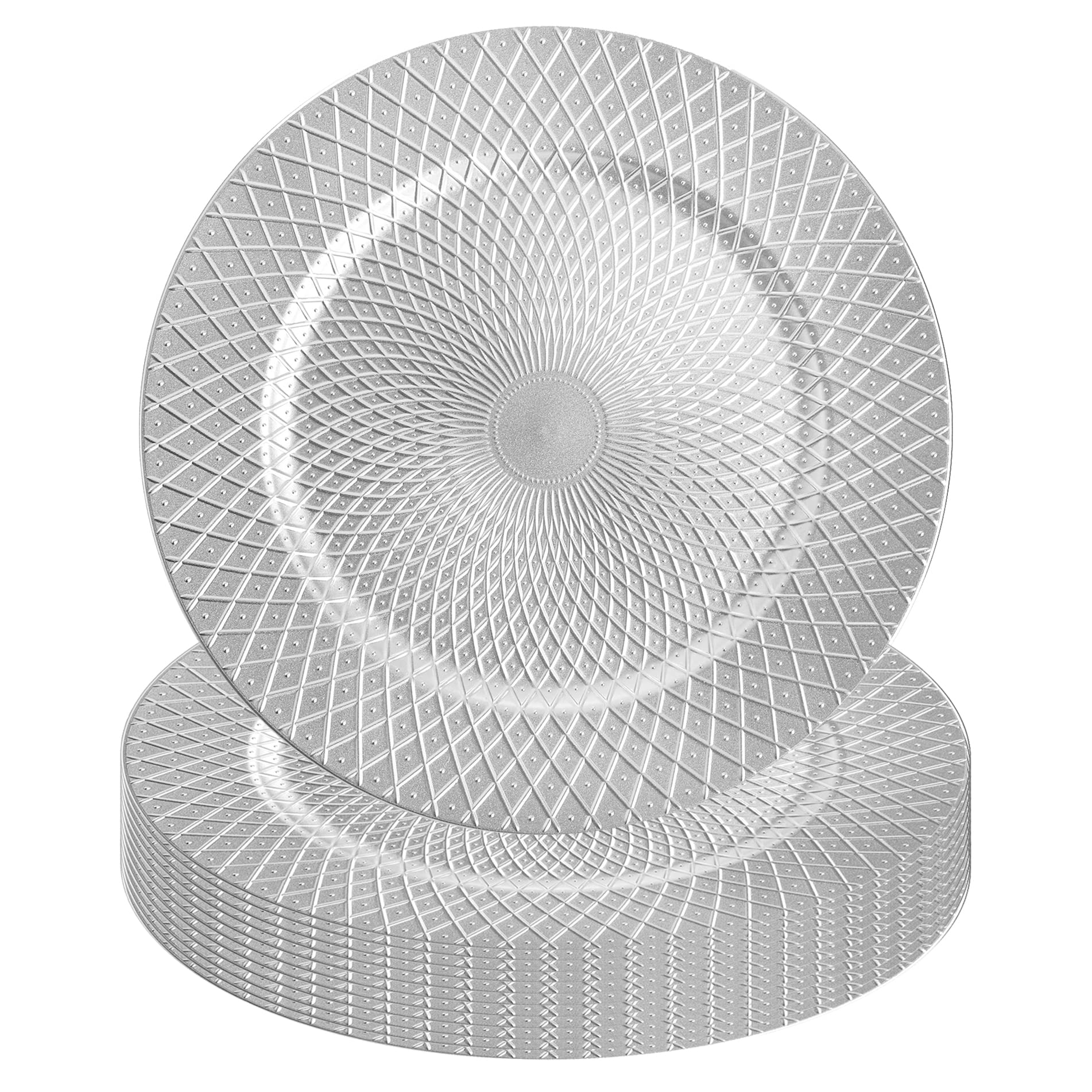 12 Pack Silver Charger Plates - 13 Inch Decorative Round Plastic Dinner Plates with Diamond Pattern, Reusable for Wedding, Party, Holiday & Events - Elegant Table Setting for Formal Dining & Special Occasions