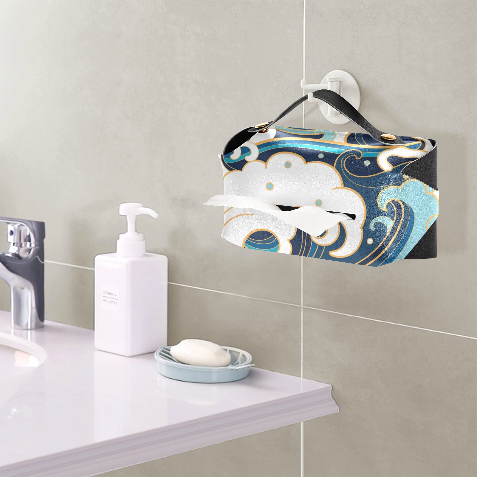 Japanese Traditional Blue White Wave Pattern Leather Tissue Box Cover - 5.7x5.7x5.7 Inch Rectangular Design with Handle for Bathroom, Home, Office & Car | Perfect for Nightstands, Vanity Countertops and Desk Decor