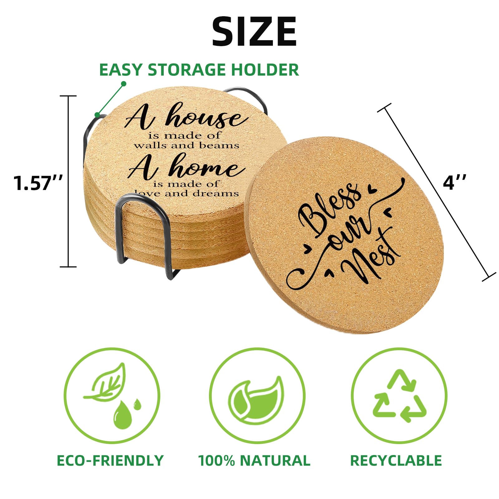 6-Pack Absorbent Cork Drink Coasters with Holder - Cute Round 4
