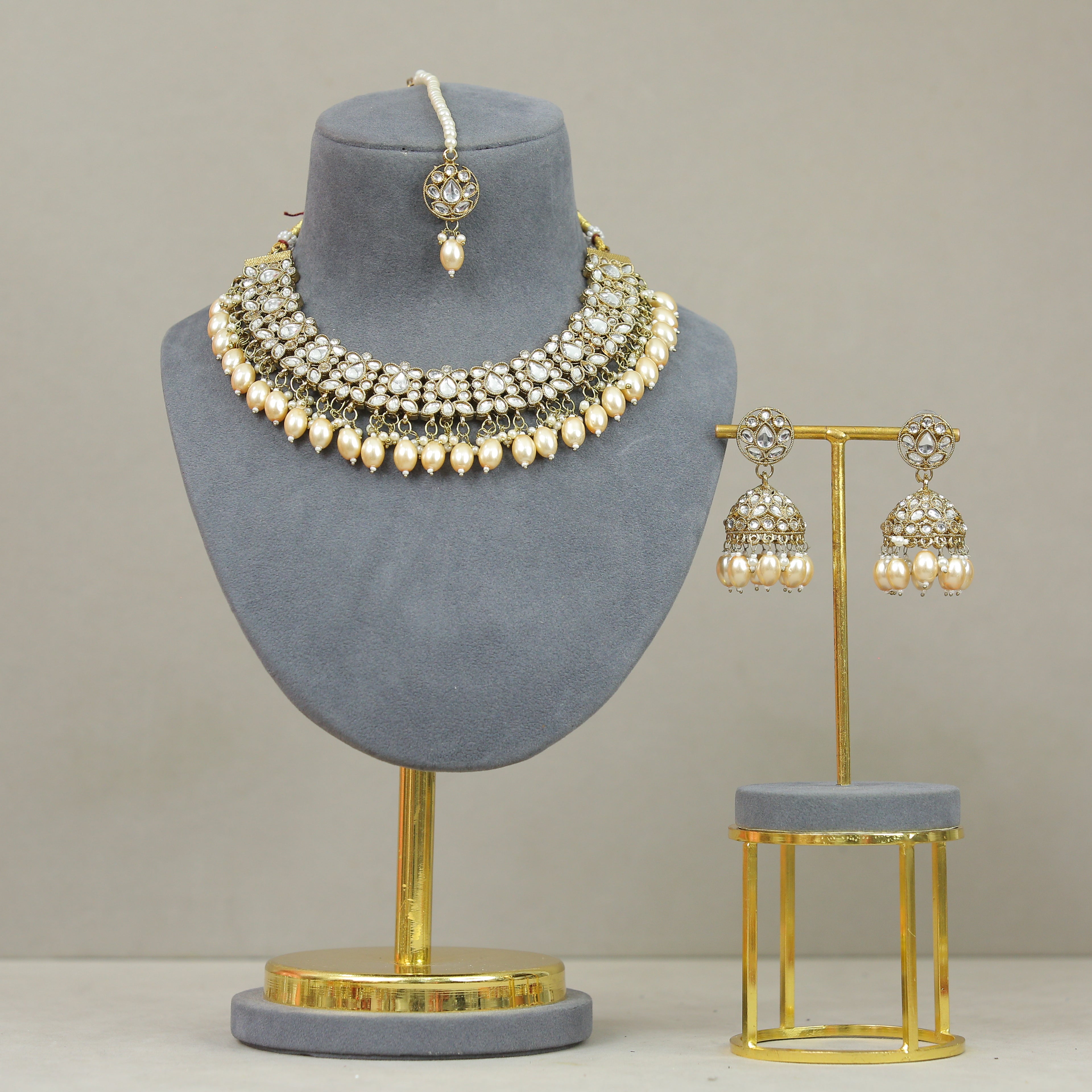 Esha Polki Full Set Jewelry - Traditional Indian Kundan Necklace, Earrings & Bracelet Set for Weddings, Parties & Festive Occasions