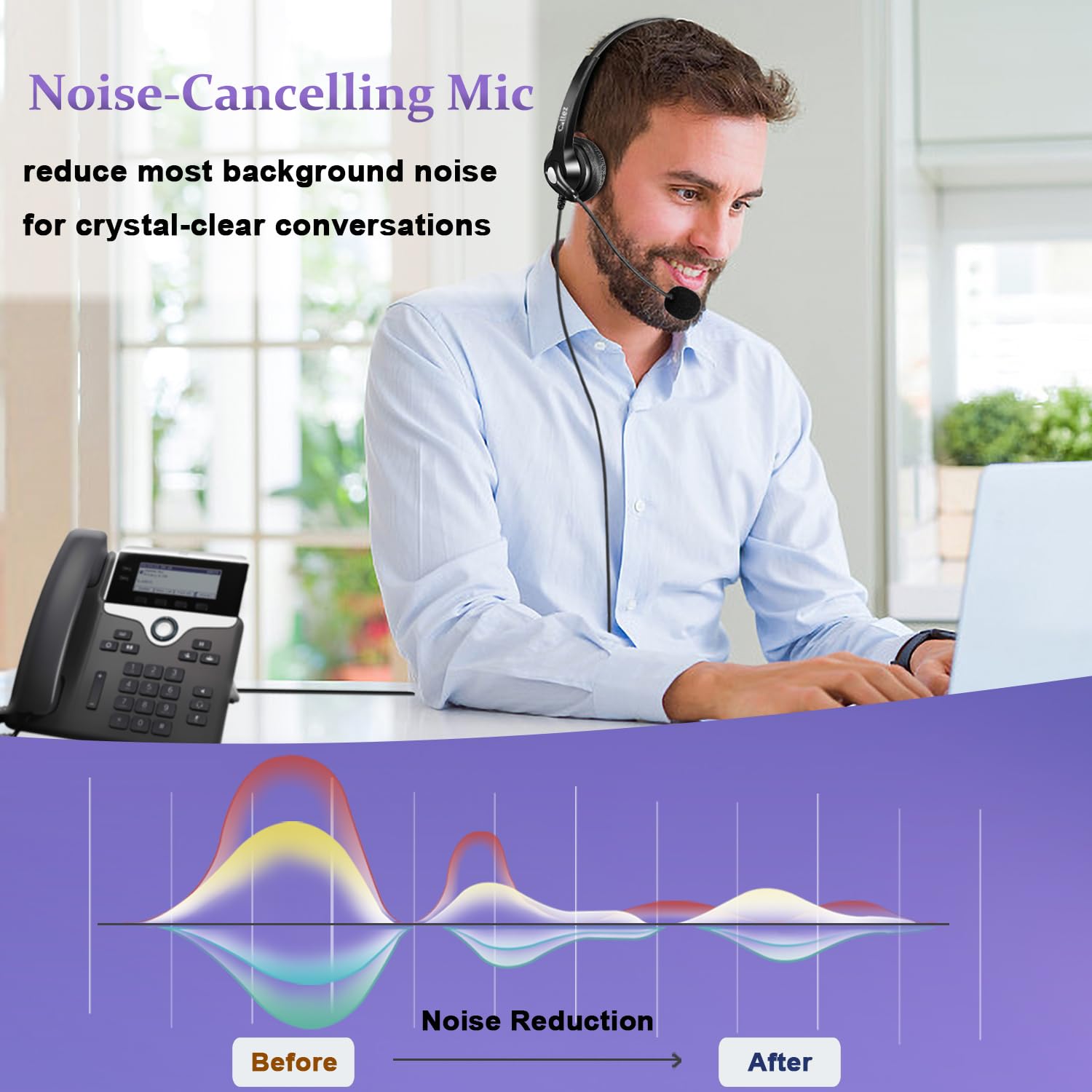 Callez RJ9 Phone Headset with Noise Cancelling Microphone & Mute Switch - Compatible with Cisco 8851, 8845, 8841, 8811, 7965, 7962, 7945, 7941, 7841, 7821, 6941, 6851 & Plantronics M12 - Wired Office Headset for Landline Phones - Perfect for Call Centers, Customer Service & Business Communications