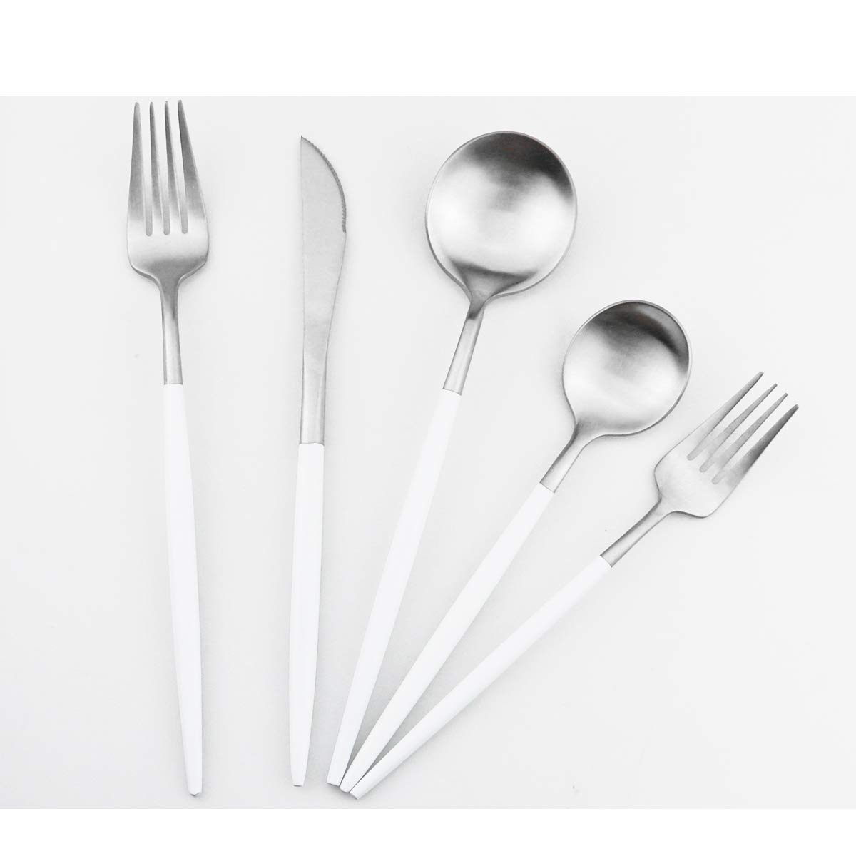 Premium 18/10 Stainless Steel Flatware Set - 5-Piece Matte White Handle Silverware (Fork, Spoon, Knife) for Dining, Camping & Travel - Durable Cutlery for Home, Outdoor & Restaurant Use