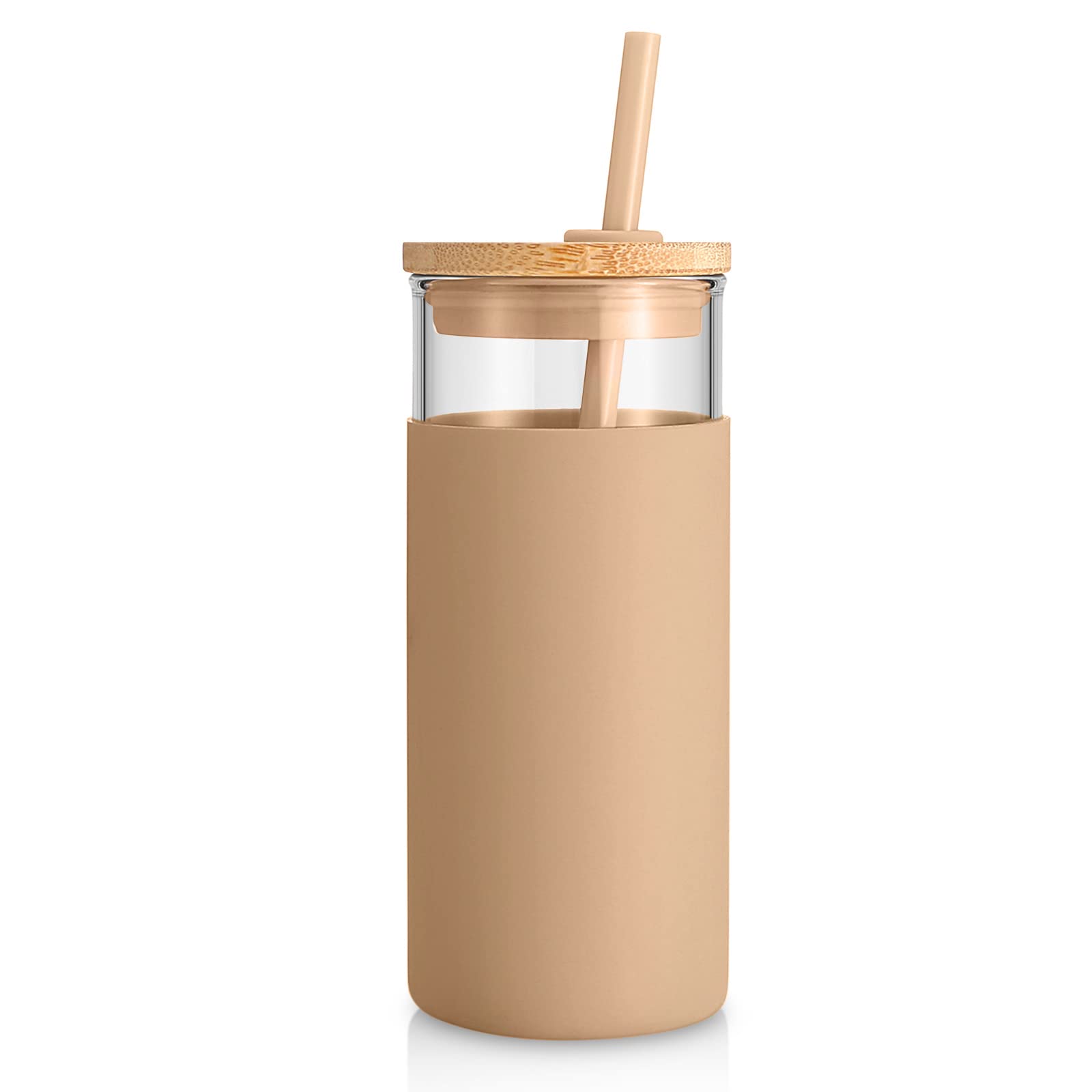 20 oz Glass Tumbler with Bamboo Lid & Silicone Sleeve - BPA Free Amber Glass Water Bottle with Straw - Perfect for Home, Office, Gym & Outdoor Activities