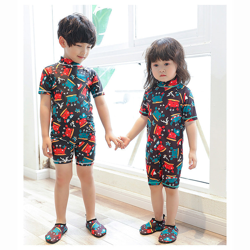 Kids' Floral Print One-Piece Swimsuits for Boys & Girls with Free Swim Cap | Sun Protection & Pool Play