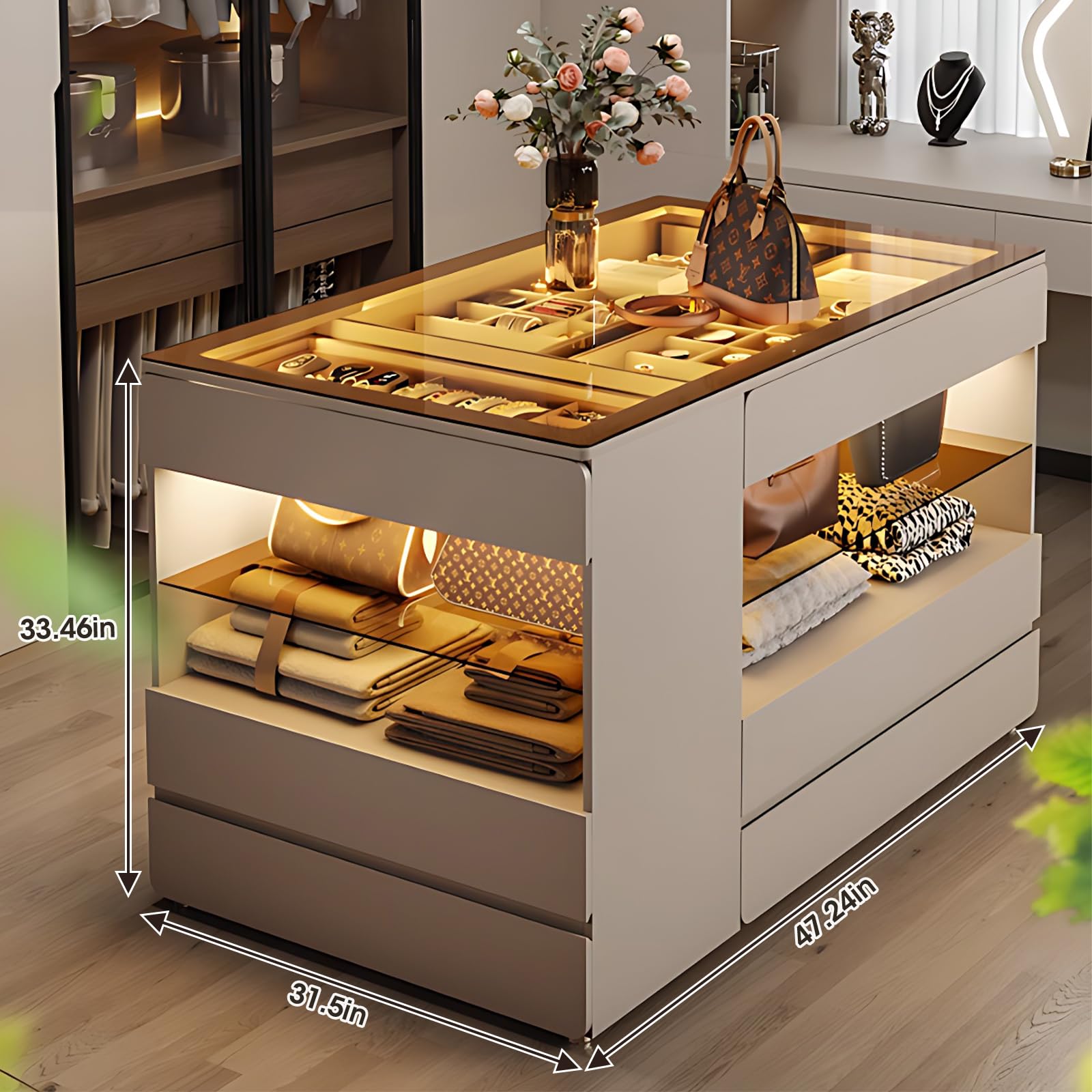 Luxury Armoire Bedroom Island with Spacious Transparent Storage & Jewelry Organizer - Glass Top Dressing Table with LED Mood Lighting, Removable Closet Island & Multi-Drawer Design (47.24 Inch) - Perfect for Master Bedroom, Walk-in Closet & Vanity Dressing Area