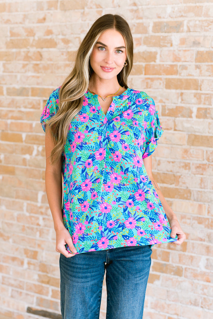Lizzy Cap Sleeve Top - Floral Print Mint & Lavender Blouse for Women | Perfect for Spring Outfits, Casual Wear & Summer Dresses