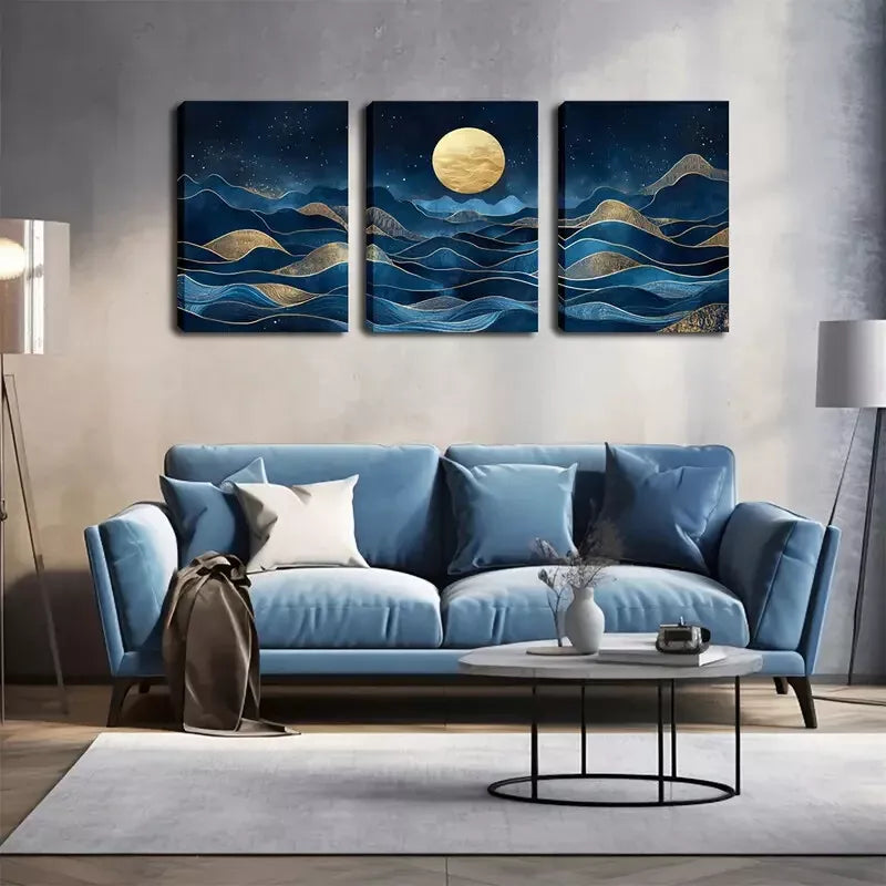 3-Piece Blue Abstract Mountain and Moon Wall Art Set - Framed Canvas 40x60cm (16x24in) - High Quality Print - 100% Australian Made - Ready to Hang - Perfect for Living Room, Bedroom & Office Decor