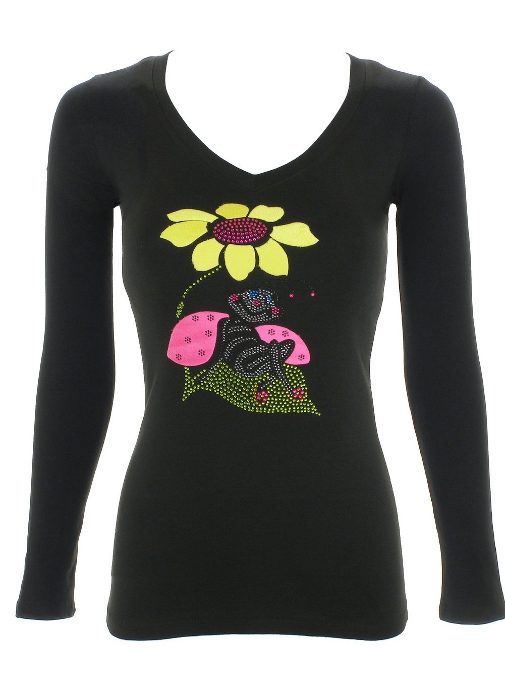 Women's Floral Bee Rhinestone Bling T-Shirt - Black | Stylish Graphic Tee for Casual Outfits, Parties & Date Nights