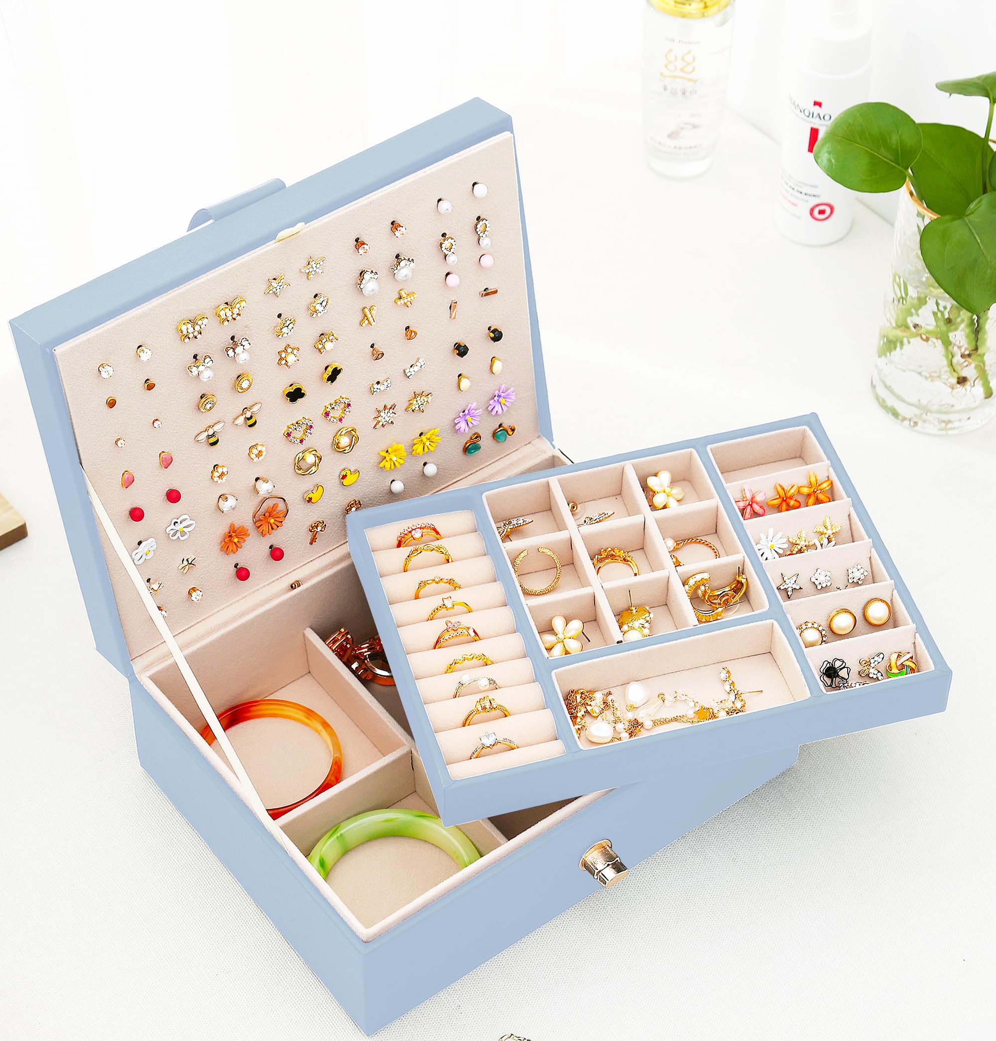 **Blue Jewelry Box Organizer for Girls - Earring Holder, Necklace & Ring Storage - Perfect for Teen Bedroom, Travel & Gift Giving**