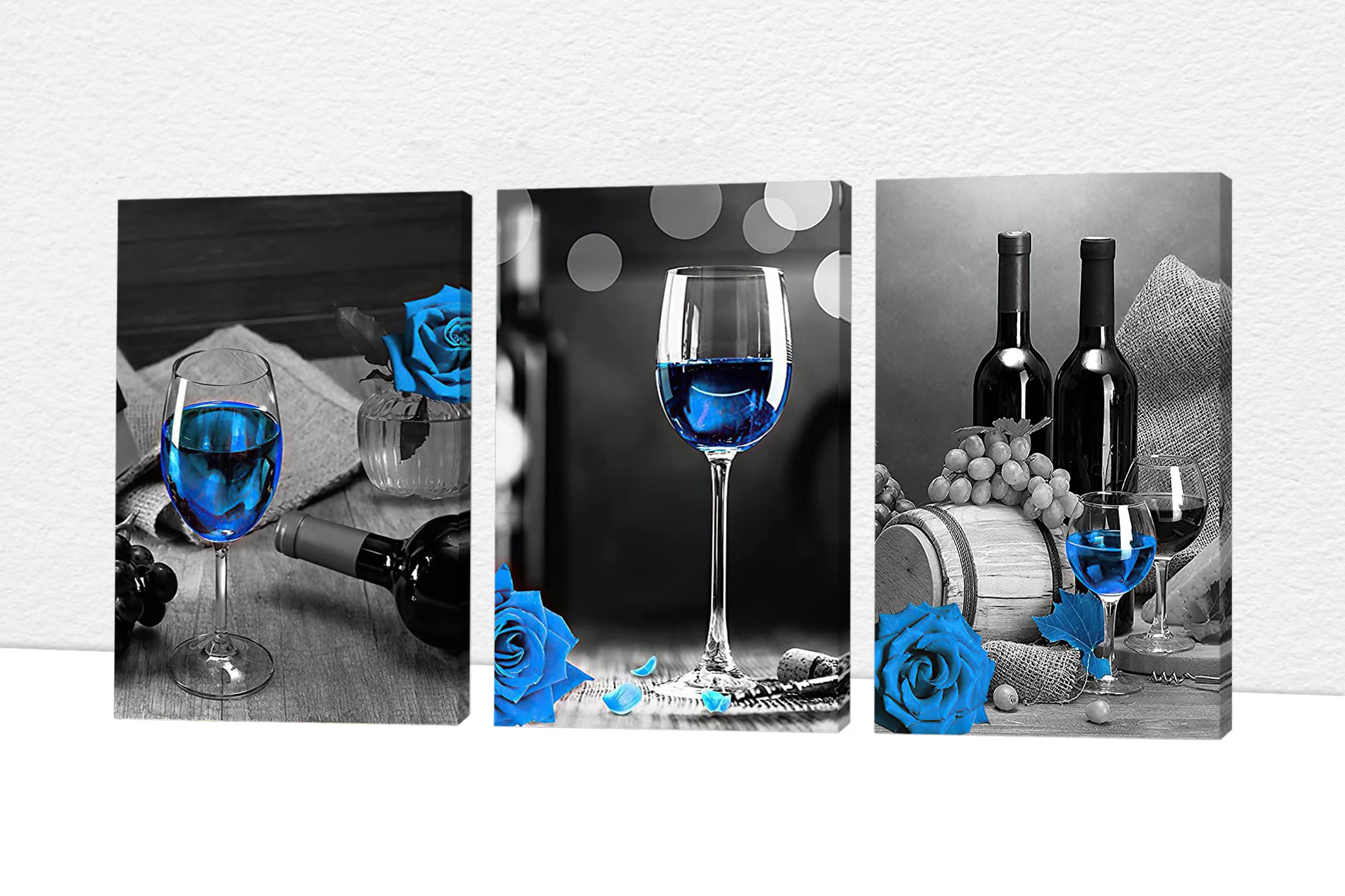 Modern Black & White Dining Room Wall Art Set - 3-Piece Blue Rose Wine Glasses Canvas Prints (24x36 Inches) for Kitchen & Home Decor | Perfect for Dining Areas, Restaurants & Wine Bars