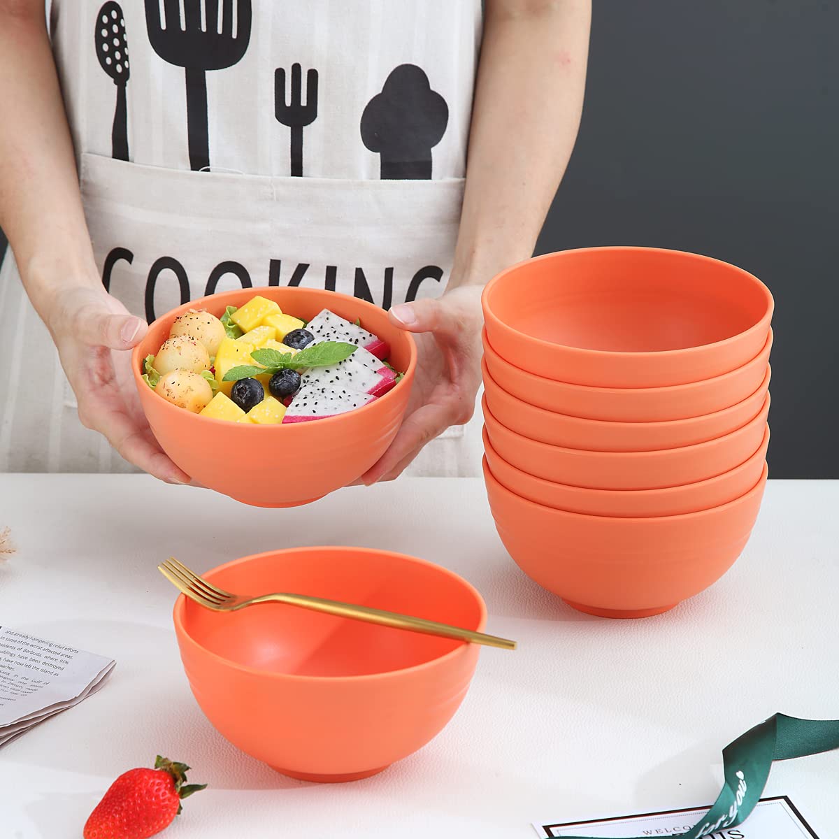 Kyraton 8-Piece Plastic Cereal Bowls 26oz - Unbreakable, Reusable & Lightweight BPA-Free Bowls for Rice, Noodles, Soup, Snacks, Salad & Fruit - Dishwasher Safe (Orange) - Perfect for Family Dinners, Picnics, Camping & Office Lunches