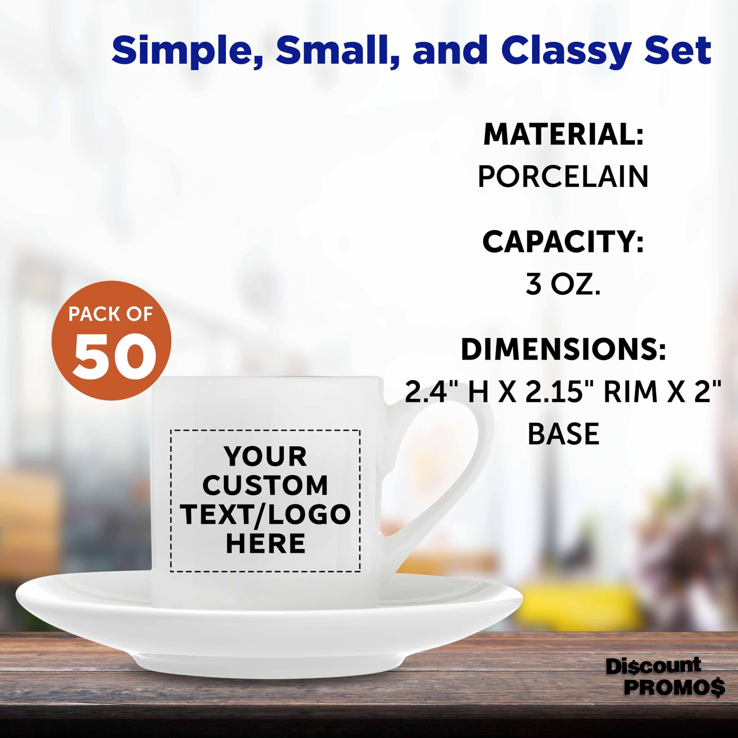 50-Piece Porcelain Espresso Cup and Saucer Set - 3 oz White Coffee Cups with Custom Text & Logo - Perfect for Coffee Shops, Restaurants, and Home Use